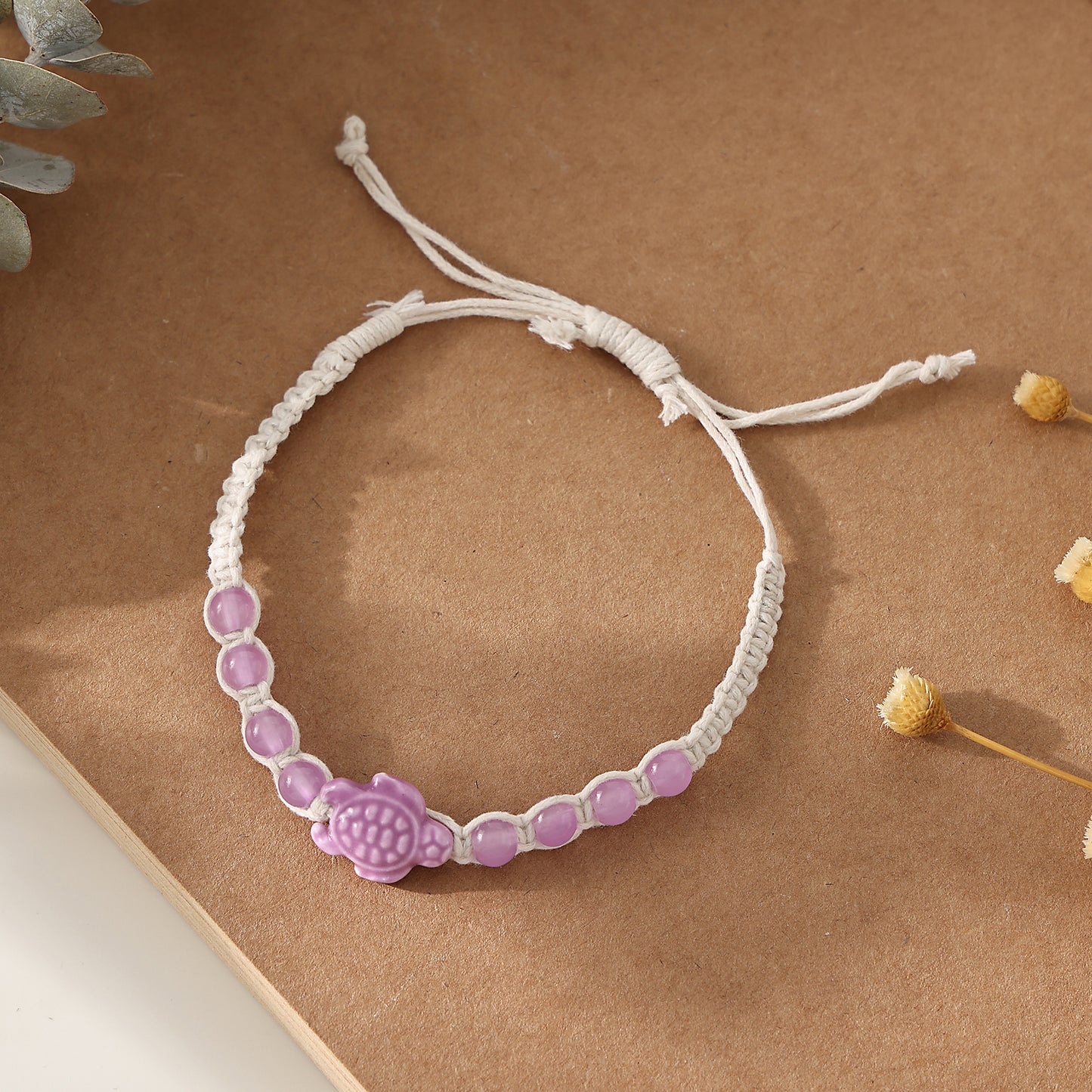 Assorted Ceramic Turtle Beaded Macramé Bracelets - Boho Coastal Style Jewelry for Women & Girls, Adjustable Handmade Accessories
