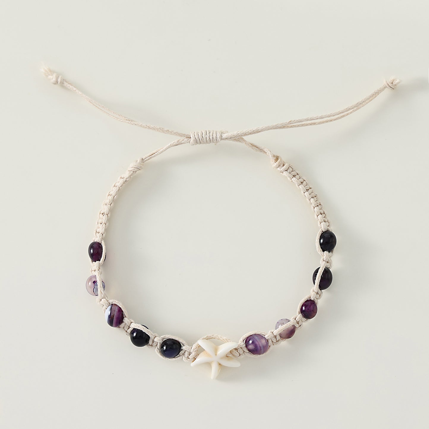 1 PC Bohemian Macramé Bracelet with Assorted Stone Beads & White Starfish Charm for Women & Girls - Summer Beach Jewelry & Gift (Adjustable Knot Design)