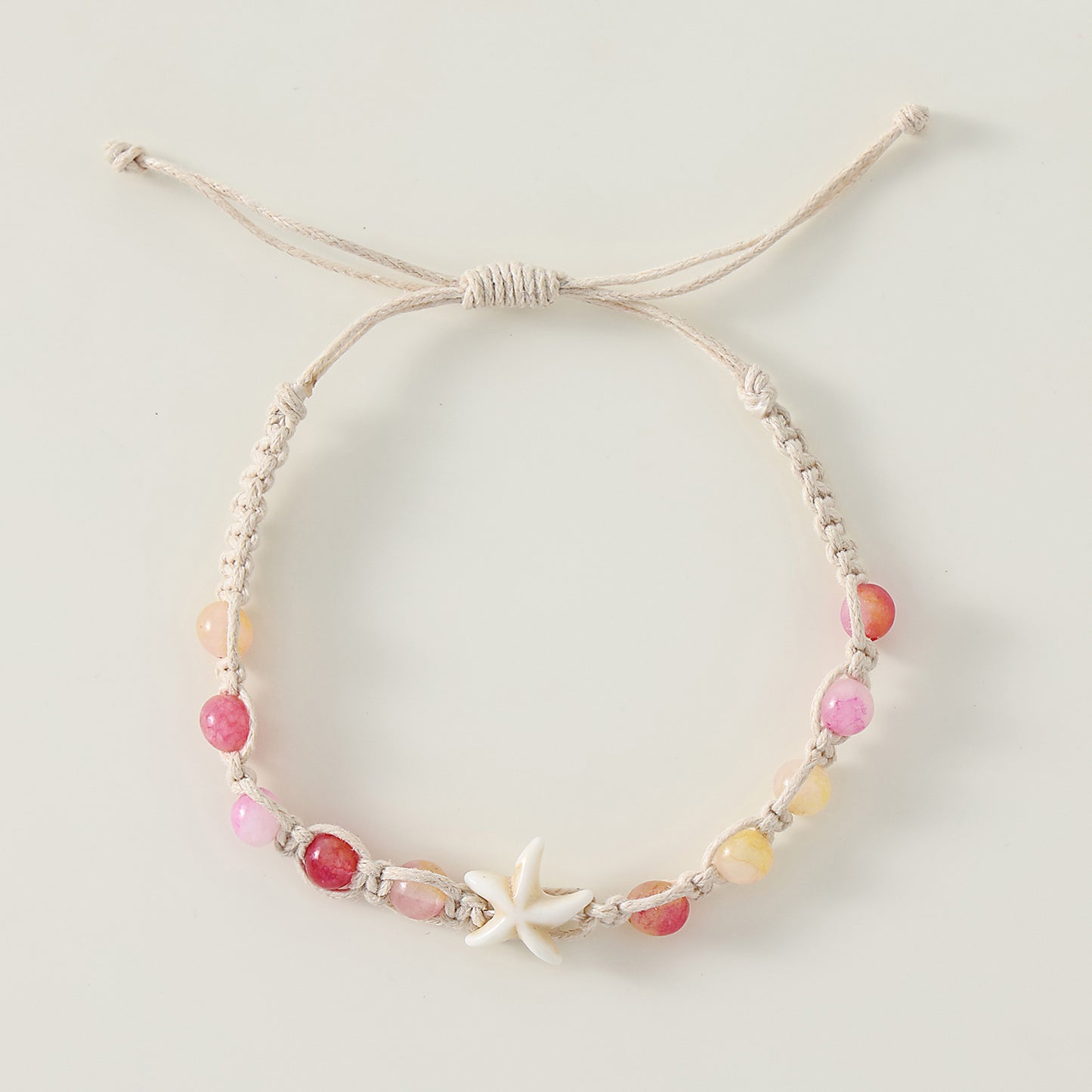 1 PC Bohemian Macramé Bracelet with Assorted Stone Beads & White Starfish Charm for Women & Girls - Summer Beach Jewelry & Gift (Adjustable Knot Design)