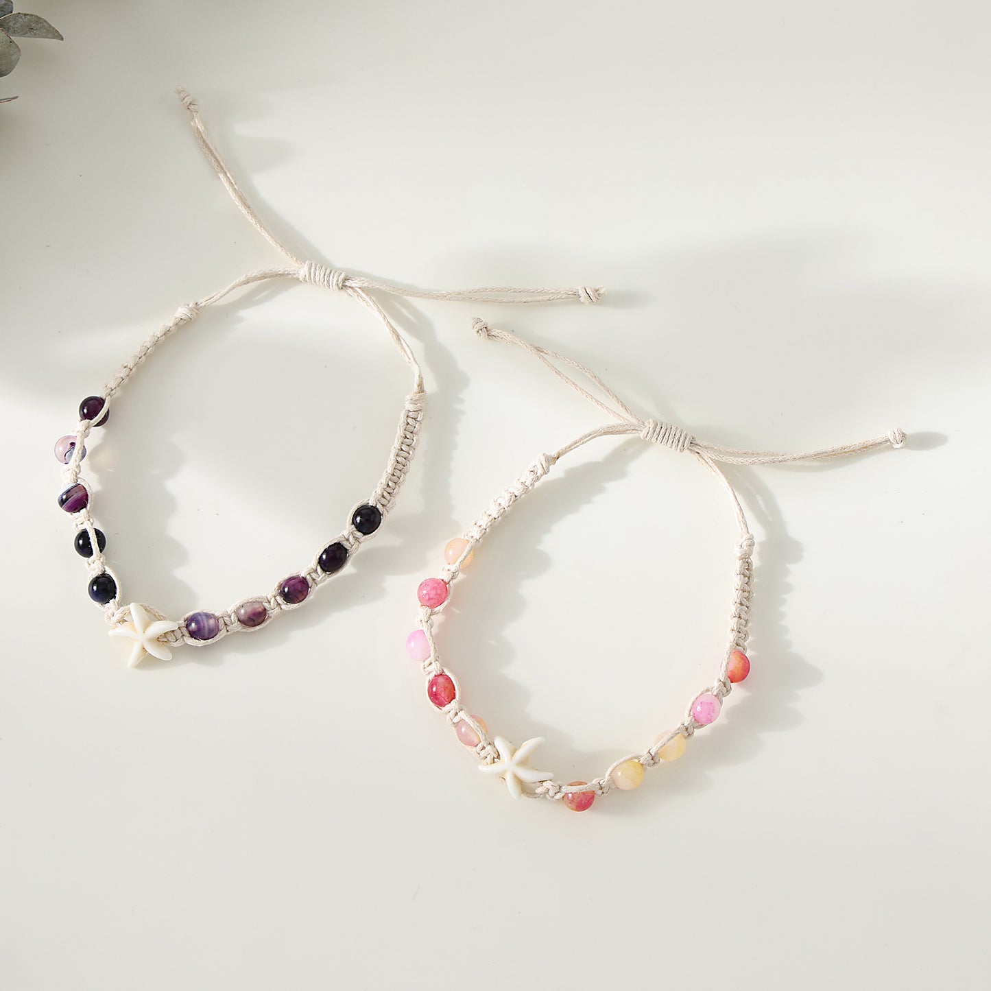 1 PC Bohemian Macramé Bracelet with Assorted Stone Beads & White Starfish Charm for Women & Girls - Summer Beach Jewelry & Gift (Adjustable Knot Design)