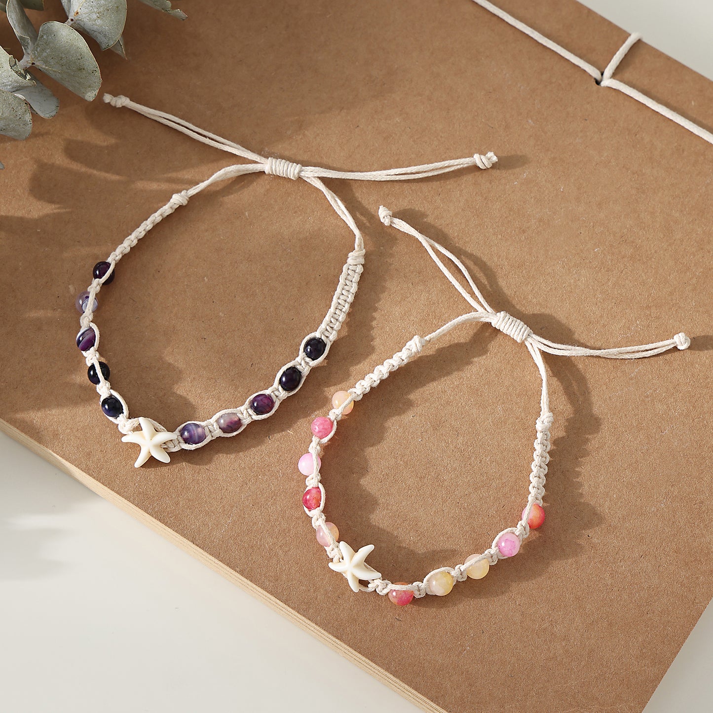 1 PC Bohemian Macramé Bracelet with Assorted Stone Beads & White Starfish Charm for Women & Girls - Summer Beach Jewelry & Gift (Adjustable Knot Design)