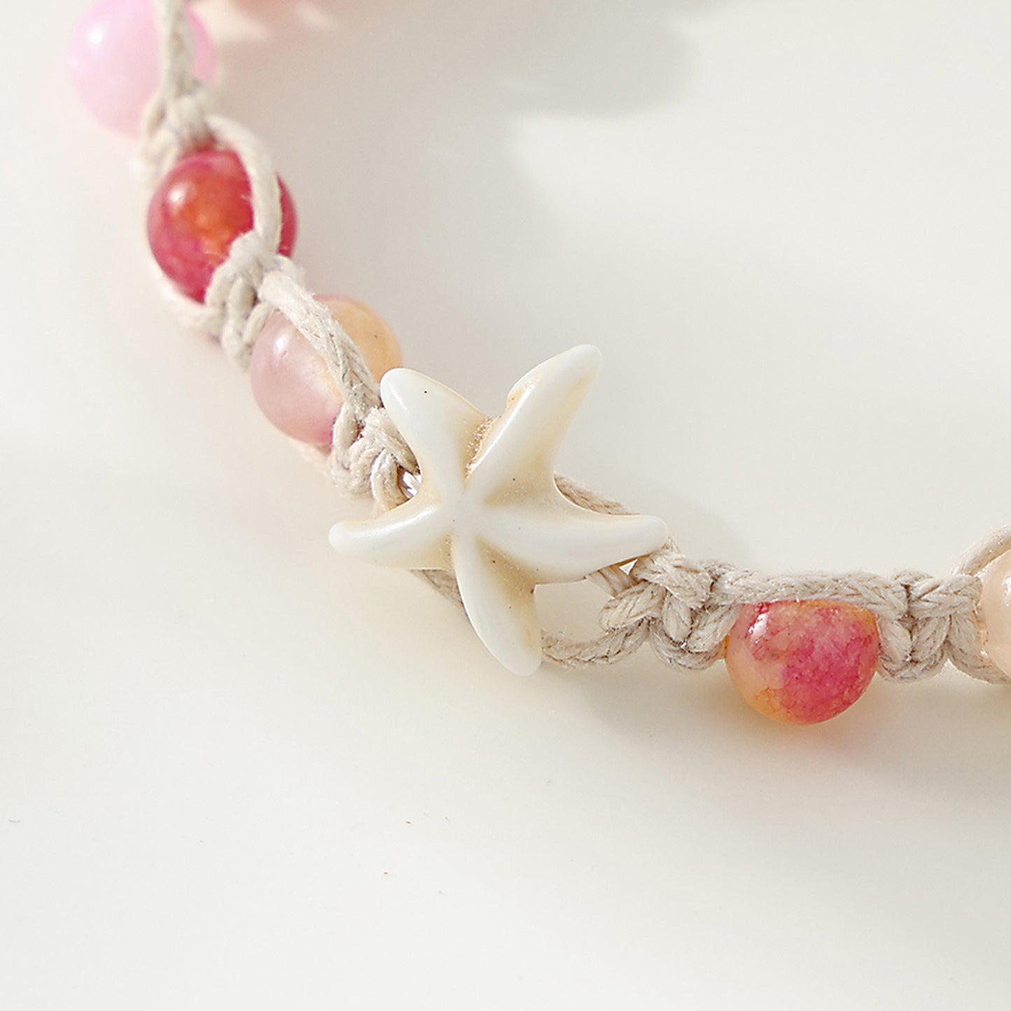 1 PC Bohemian Macramé Bracelet with Assorted Stone Beads & White Starfish Charm for Women & Girls - Summer Beach Jewelry & Gift (Adjustable Knot Design)
