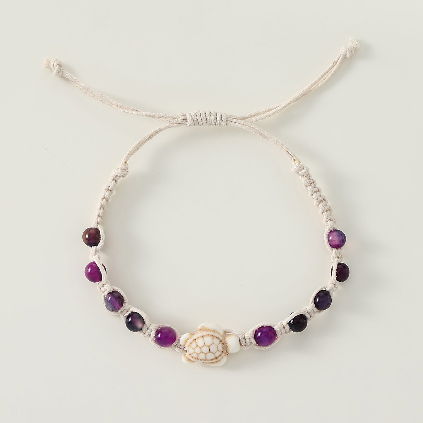 1 pc Bohemian Macramé Bracelet with Assorted Stone Beads & White Turtle Charm for Women & Girls - Summer Beach Jewelry & Gift (Adjustable Knot Design)