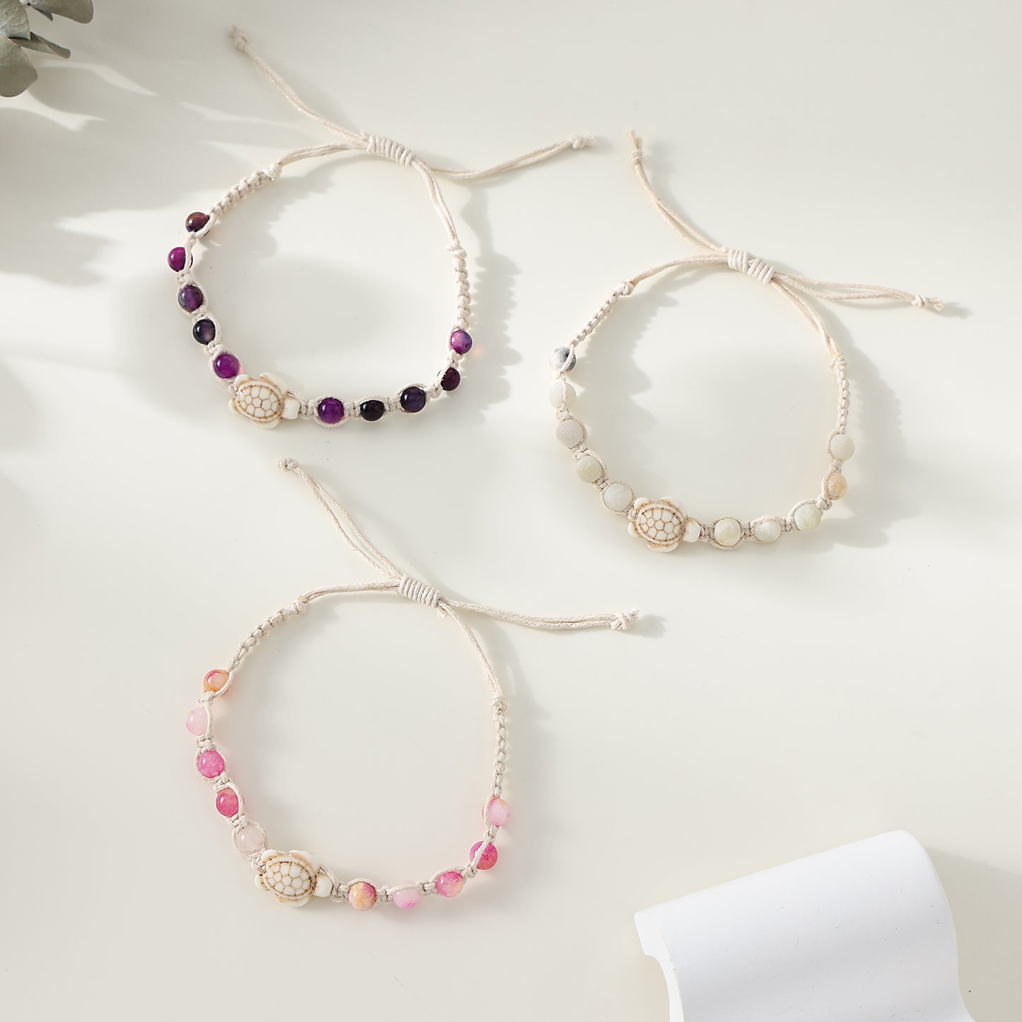 1 pc Bohemian Macramé Bracelet with Assorted Stone Beads & White Turtle Charm for Women & Girls - Summer Beach Jewelry & Gift (Adjustable Knot Design)