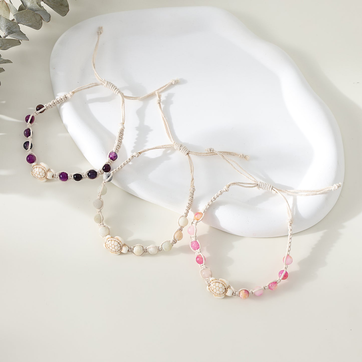 1 pc Bohemian Macramé Bracelet with Assorted Stone Beads & White Turtle Charm for Women & Girls - Summer Beach Jewelry & Gift (Adjustable Knot Design)