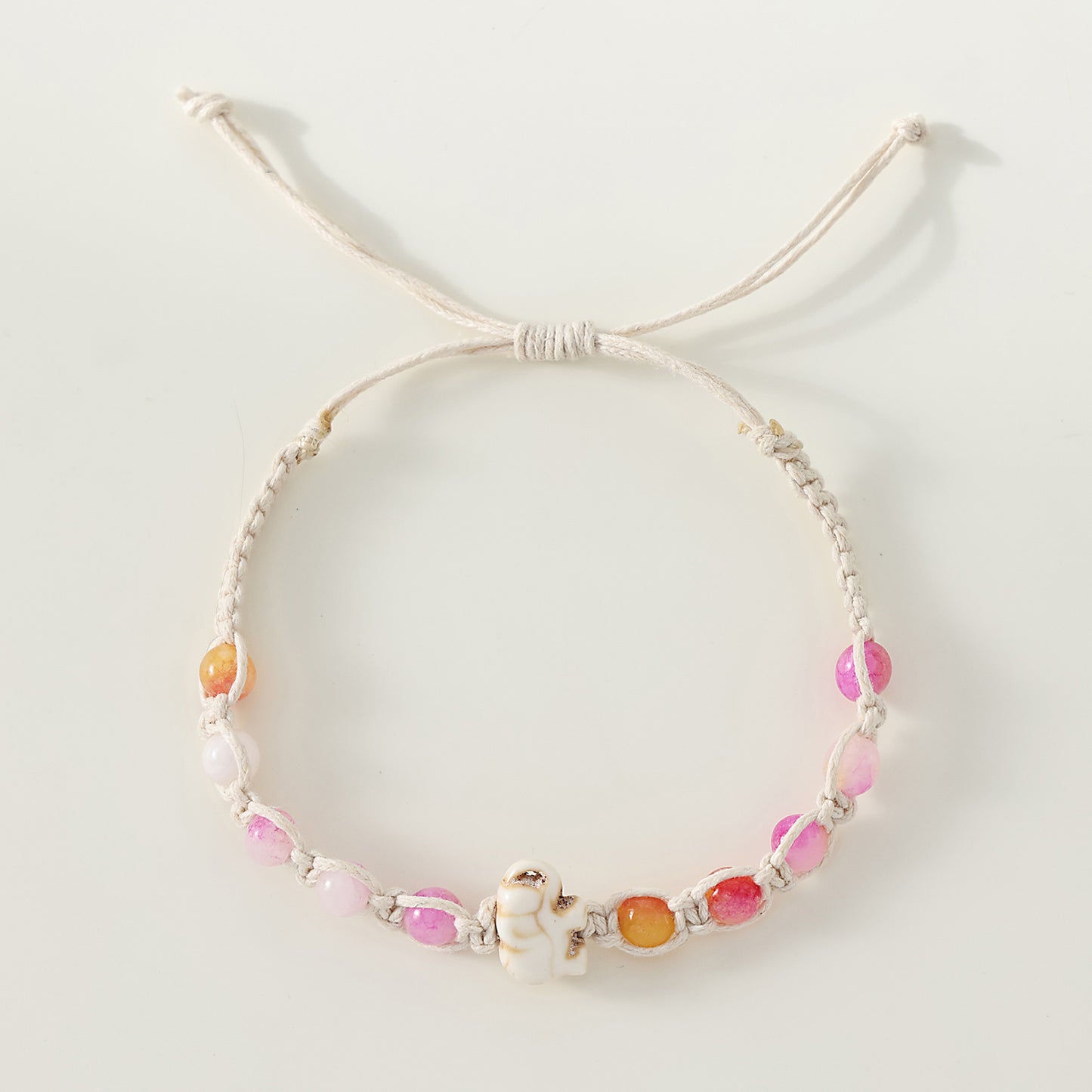 1 PC Bohemian Macramé Bracelet with White Elephant Charm & Assorted Gemstone Beads for Women & Girls - Summer Jewelry & Gift (Adjustable Cotton Cord Design)