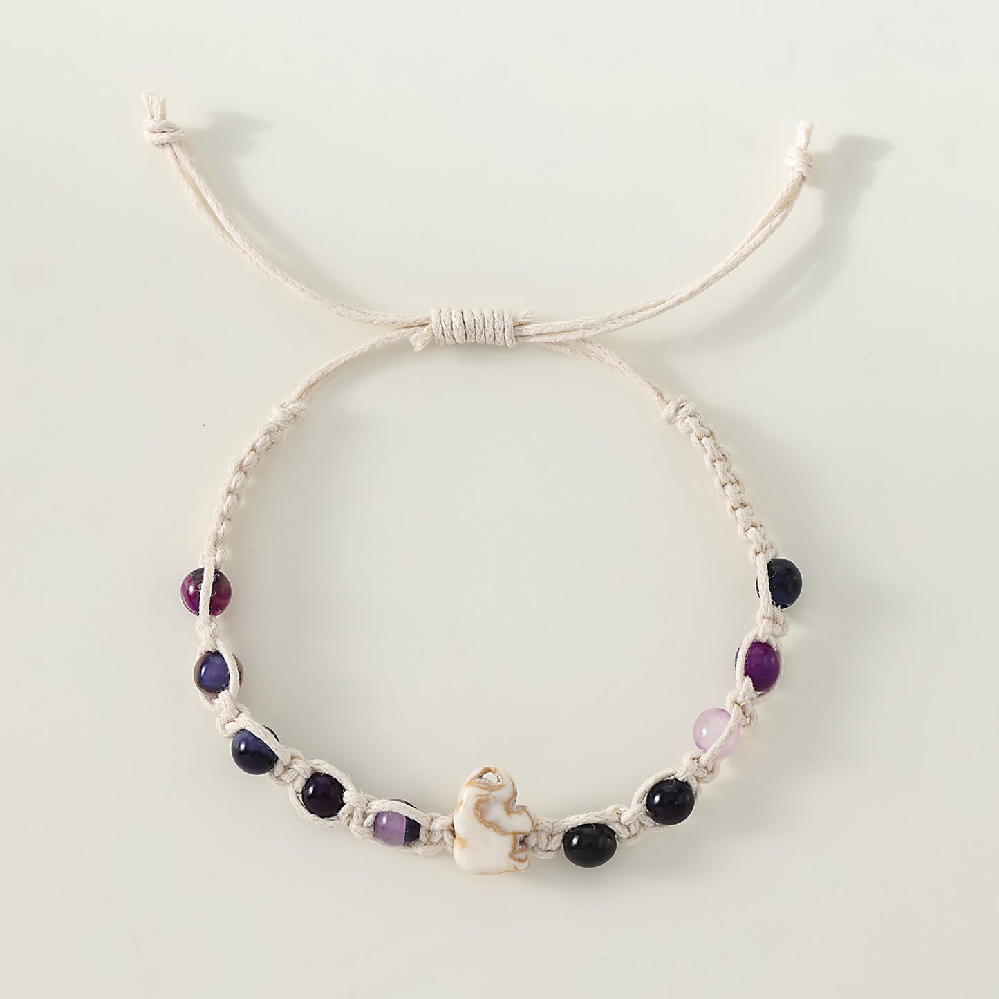 1 PC Bohemian Macramé Bracelet with White Elephant Charm & Assorted Gemstone Beads for Women & Girls - Summer Jewelry & Gift (Adjustable Cotton Cord Design)