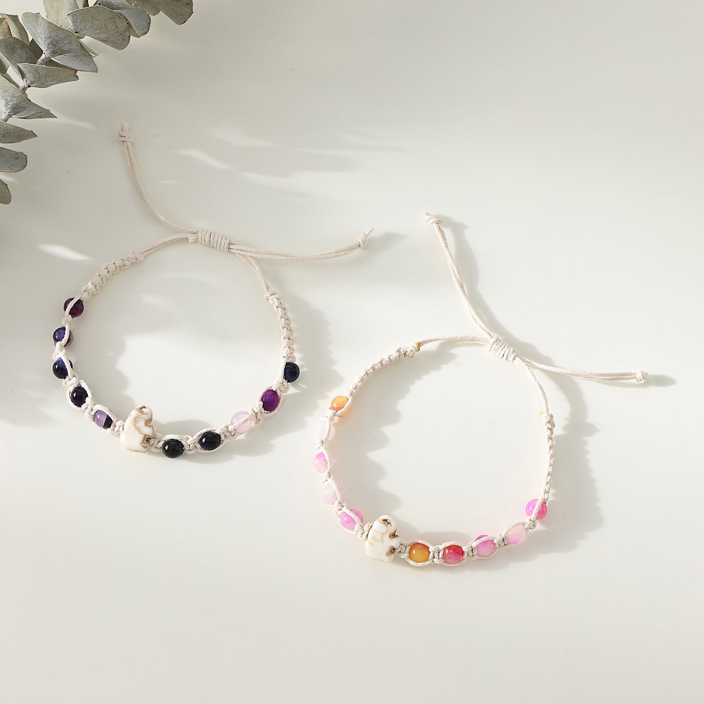 1 PC Bohemian Macramé Bracelet with White Elephant Charm & Assorted Gemstone Beads for Women & Girls - Summer Jewelry & Gift (Adjustable Cotton Cord Design)