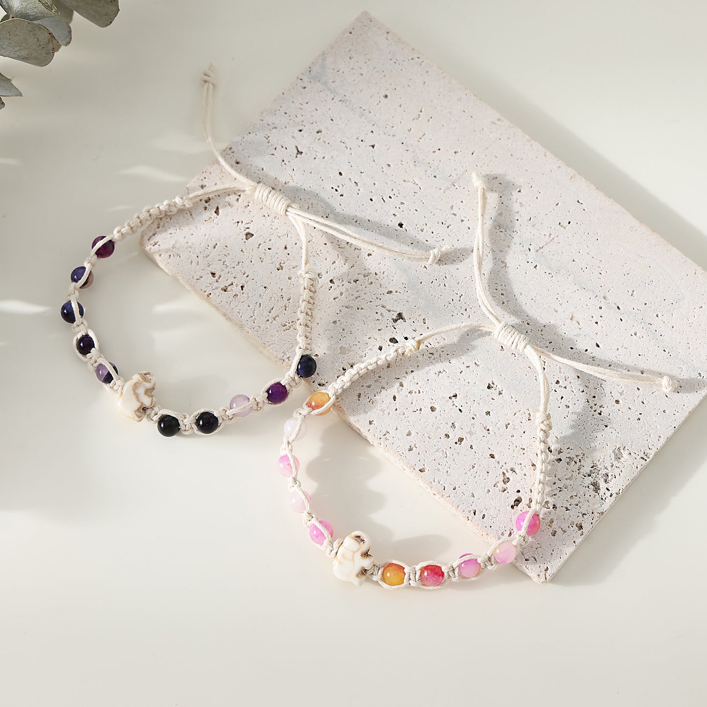 1 PC Bohemian Macramé Bracelet with White Elephant Charm & Assorted Gemstone Beads for Women & Girls - Summer Jewelry & Gift (Adjustable Cotton Cord Design)
