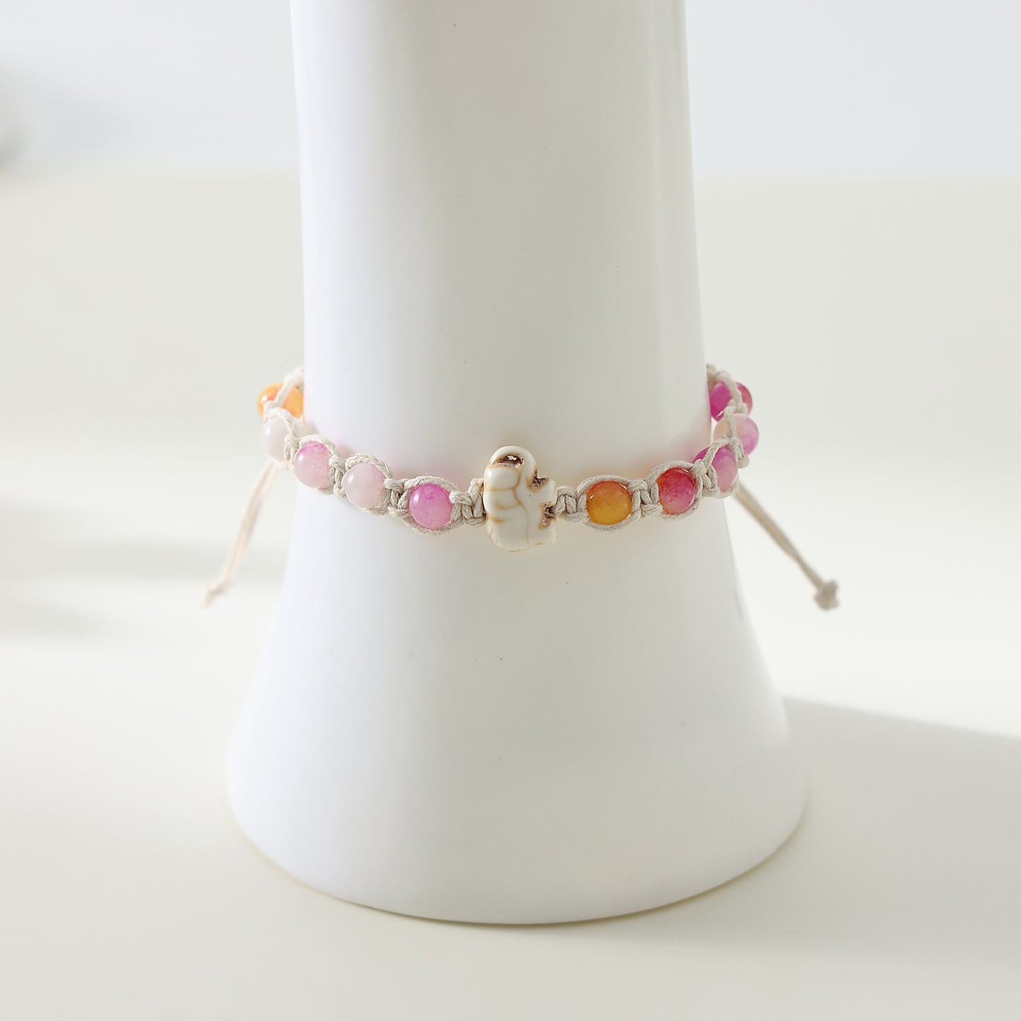 1 PC Bohemian Macramé Bracelet with White Elephant Charm & Assorted Gemstone Beads for Women & Girls - Summer Jewelry & Gift (Adjustable Cotton Cord Design)