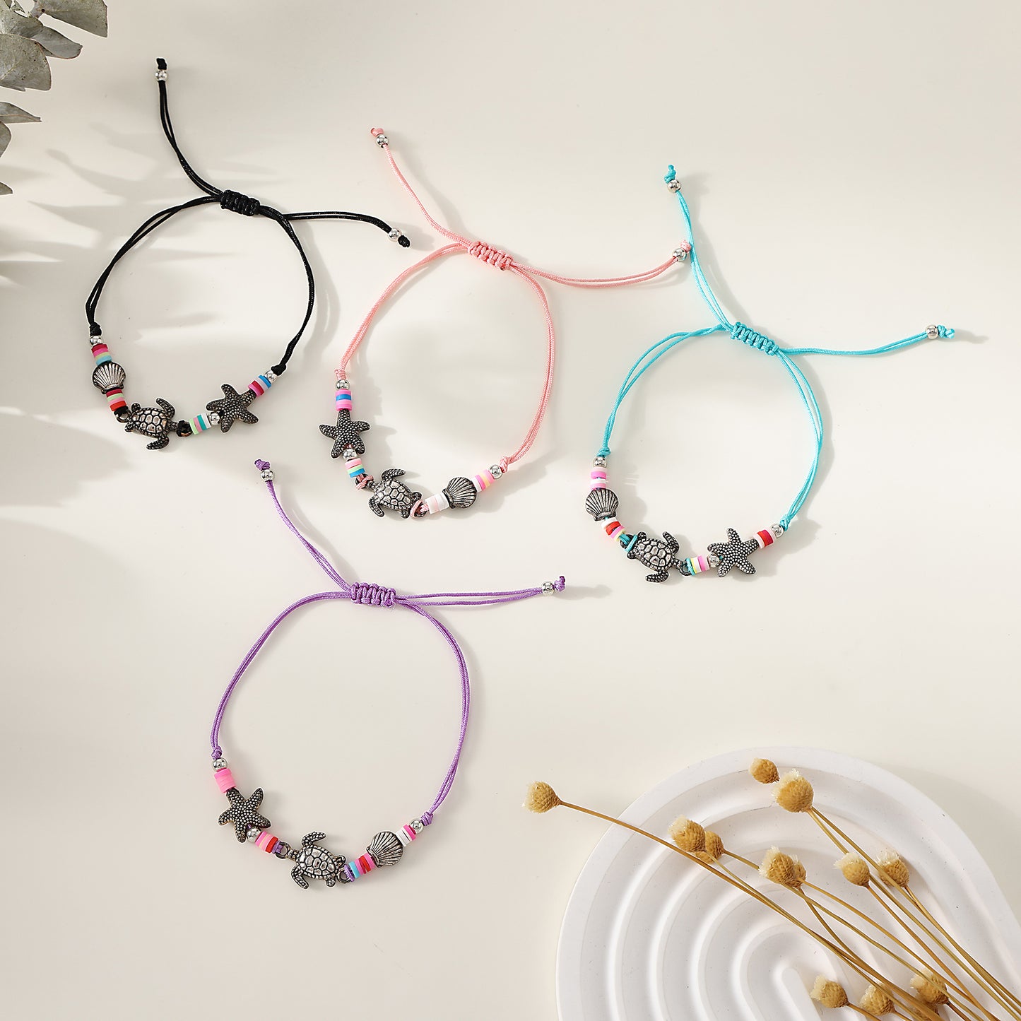 Bohemian Style Colorful Beaded Bracelet Set with Silver Turtle, Starfish & Shell Charms for Women & Girls - Summer Beach, Birthday, Valentine's Day, Mother's Day & Vacation Jewelry Gifts