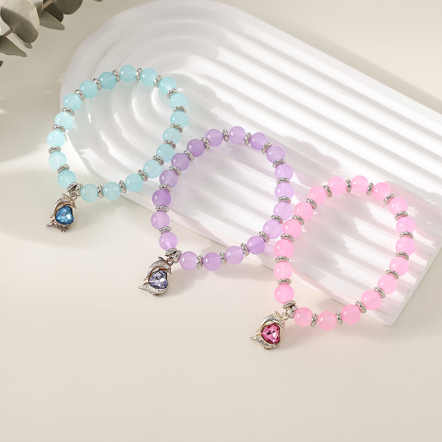 1 PC Bohemian Pastel Crystal Bracelet with Dolphin & Heart Charm for Women & Girls - Summer Jewelry Gift (3 Color Variations: Lavender, Pink, Blue)