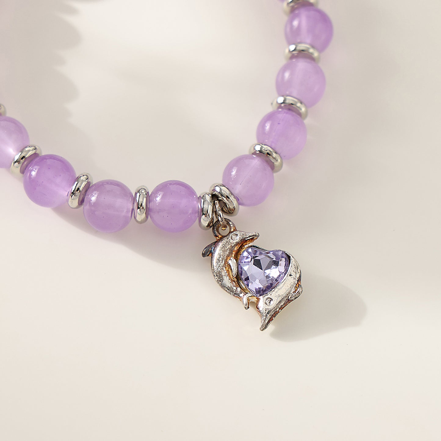 1 PC Bohemian Pastel Crystal Bracelet with Dolphin & Heart Charm for Women & Girls - Summer Jewelry Gift (3 Color Variations: Lavender, Pink, Blue)