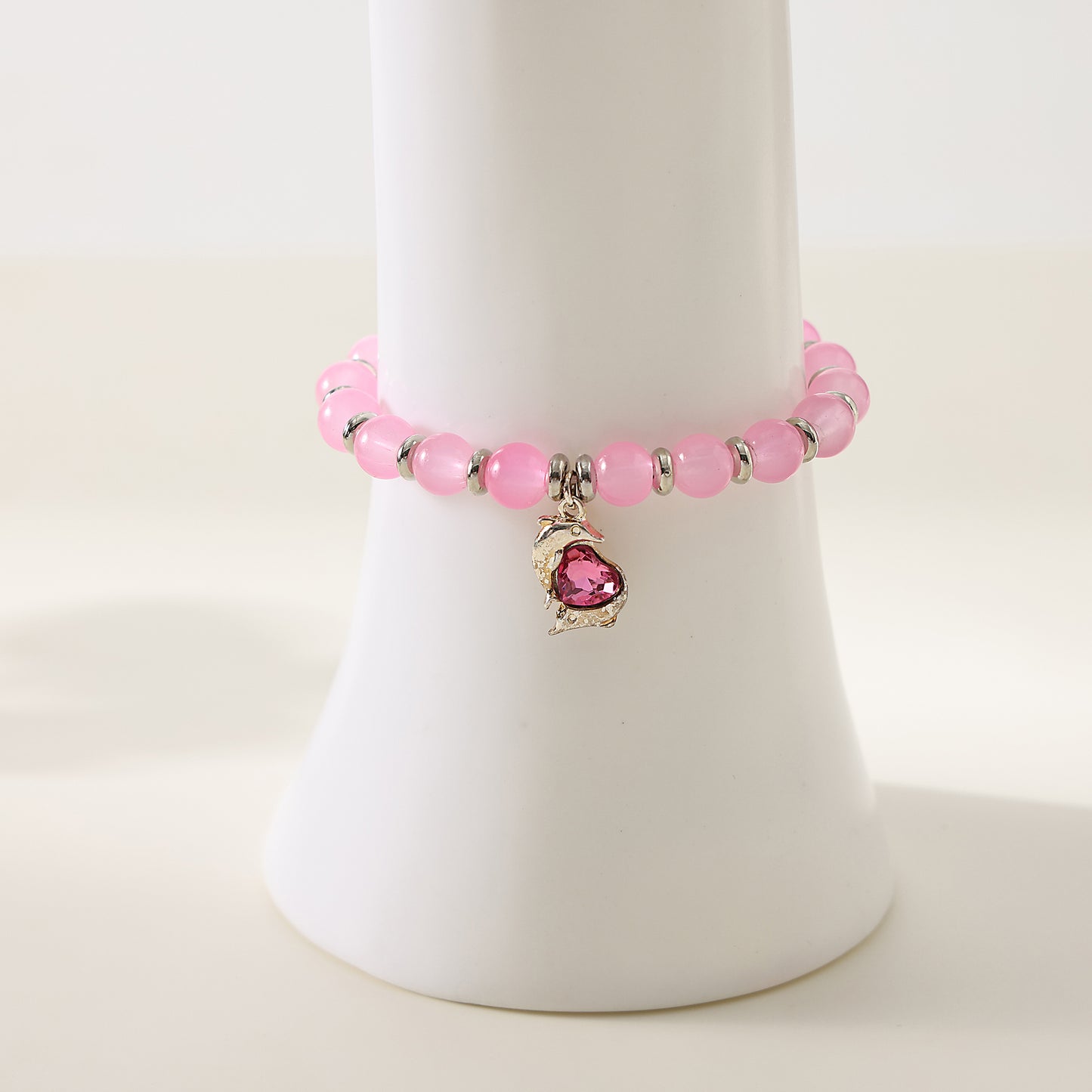 1 PC Bohemian Pastel Crystal Bracelet with Dolphin & Heart Charm for Women & Girls - Summer Jewelry Gift (3 Color Variations: Lavender, Pink, Blue)