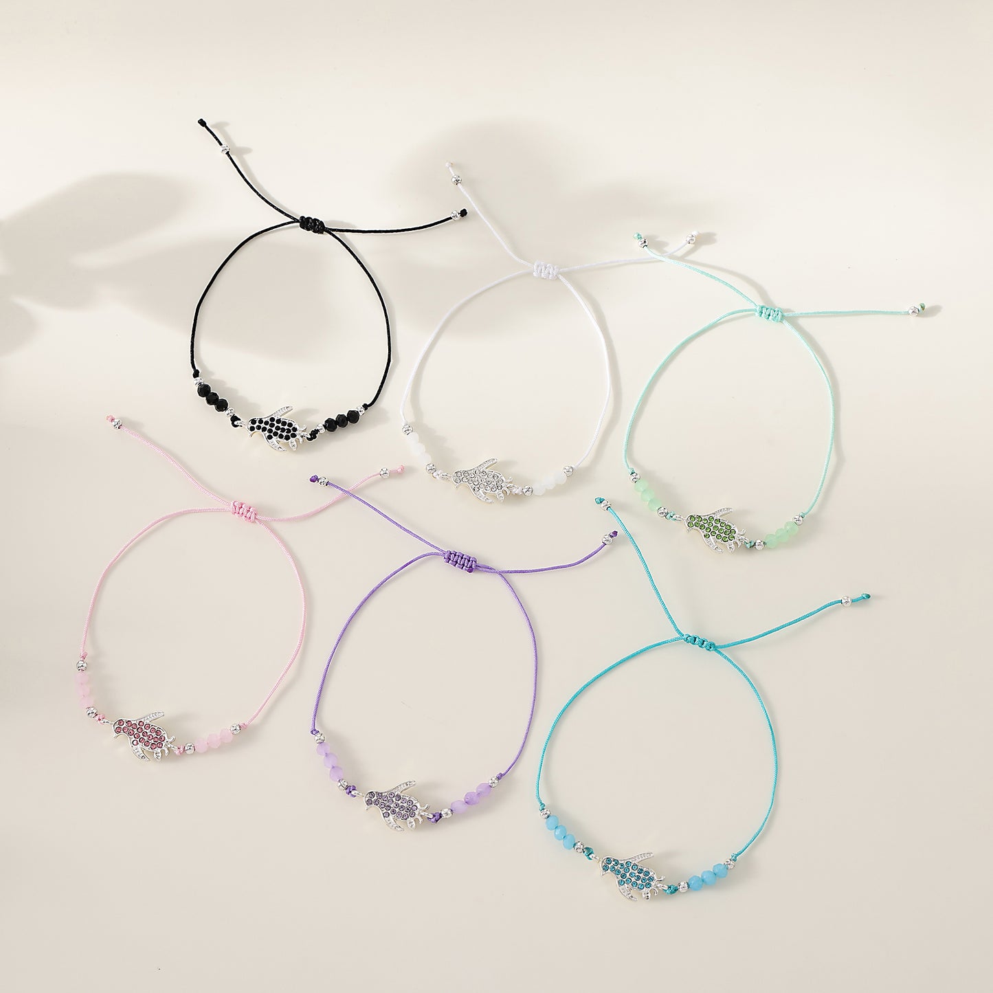 1 PC Bohemian Crystal Animal Bracelet with Silver-Tone Charms - Adjustable Beaded String Jewelry for Women & Girls (6 Color Variations: Purple, Blue, Pink, White, Black, Green)