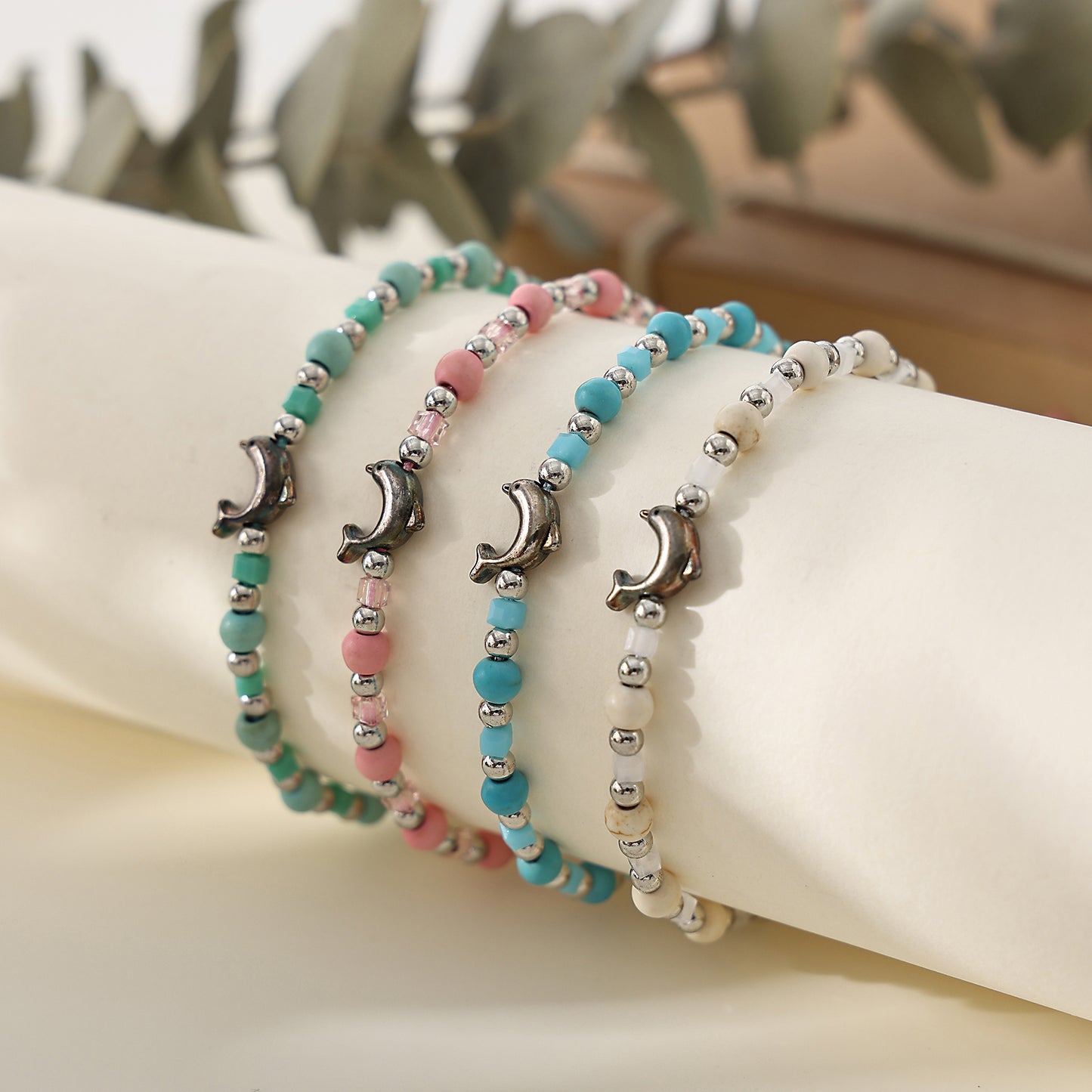 1 pc Bohemian Style Silver - plated Dolphin Beaded String Bracelet for Women, Birthday/Valentine's Day/Mother's Day Gift
