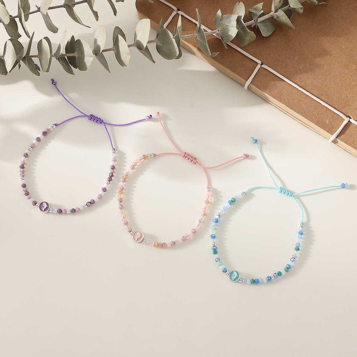 1PC Bohemian Style Adjustable Beaded Bracelet with Silver Dolphin Charm for Women & Girls - Summer Beach, Birthday, Valentine's Day & Everyday Jewelry Gift (3 Color Variations: Light Blue, Pink, Purple)