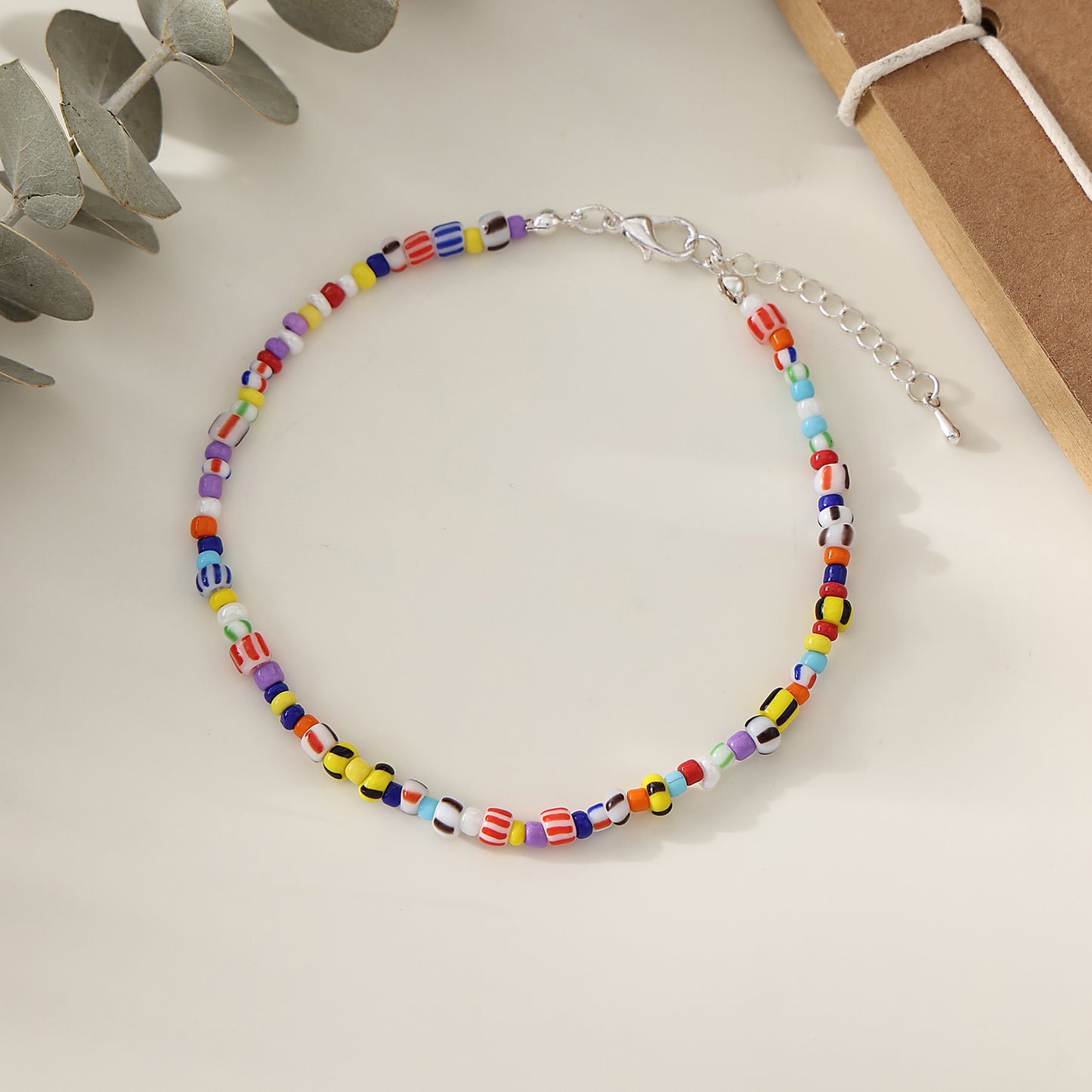 1 pc Bohemian Style Multicolor Glass Beaded Anklet with Silver Lobster Clasp for Women & Girls - Summer Beach Jewelry & Vacation Accessories