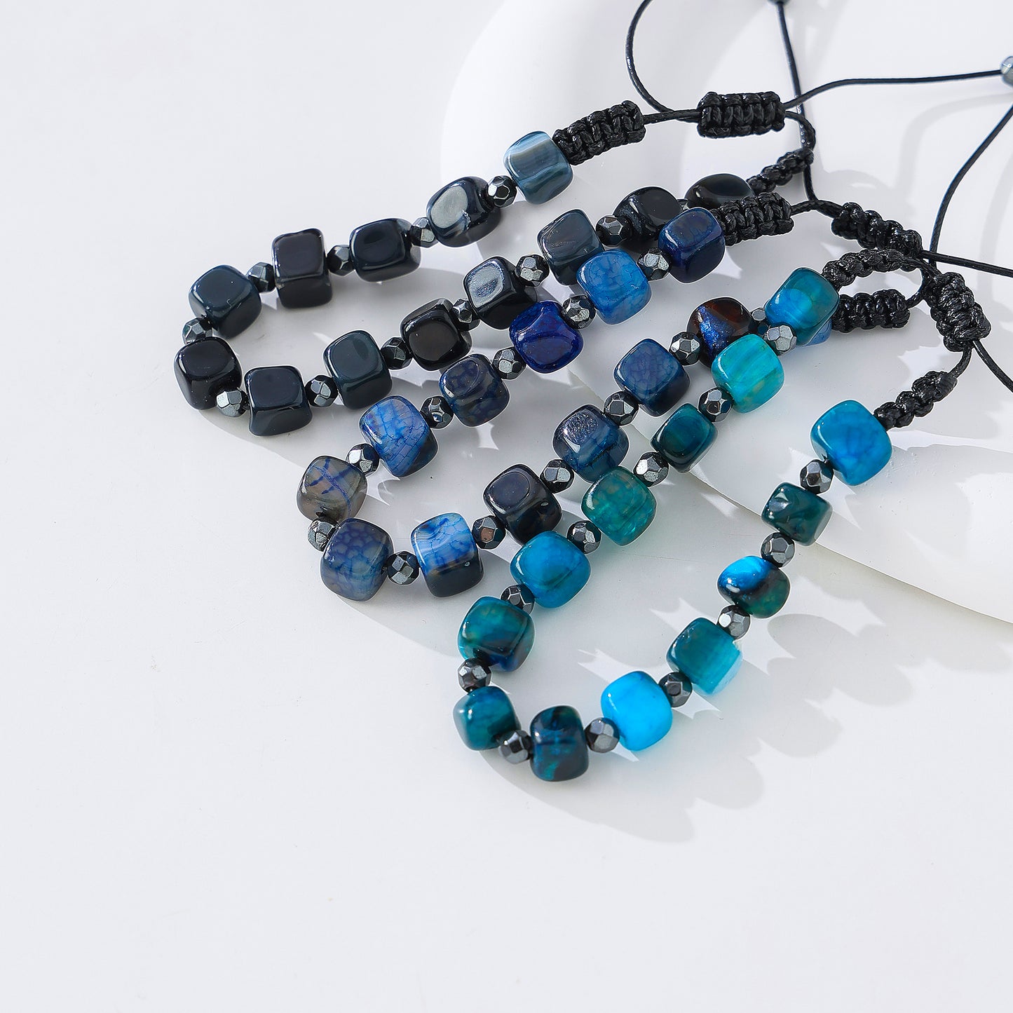 Hand-crafted Blue Agate and Hematite Bead Bracelet for Men and Women, Adjustable Cord, Boho Style Jewelry