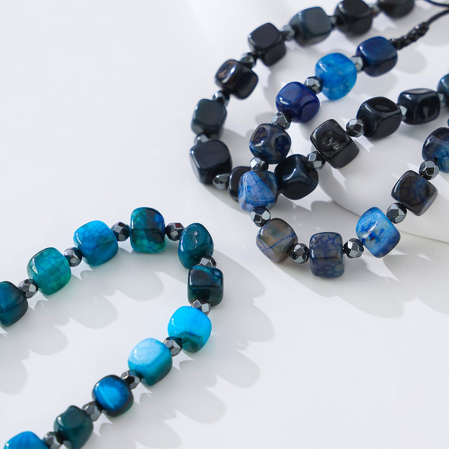 Hand-crafted Blue Agate and Hematite Bead Bracelet for Men and Women, Adjustable Cord, Boho Style Jewelry