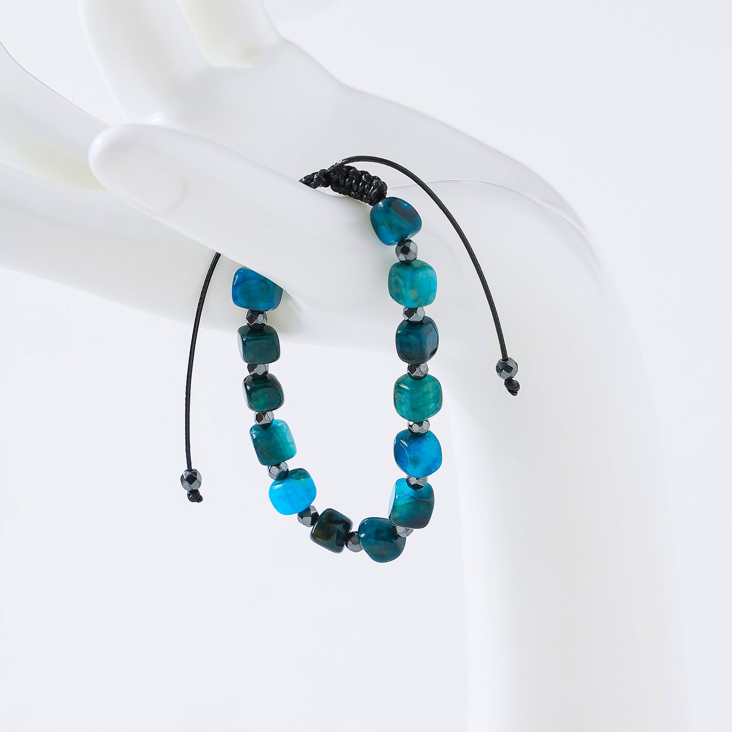 Hand-crafted Blue Agate and Hematite Bead Bracelet for Men and Women, Adjustable Cord, Boho Style Jewelry