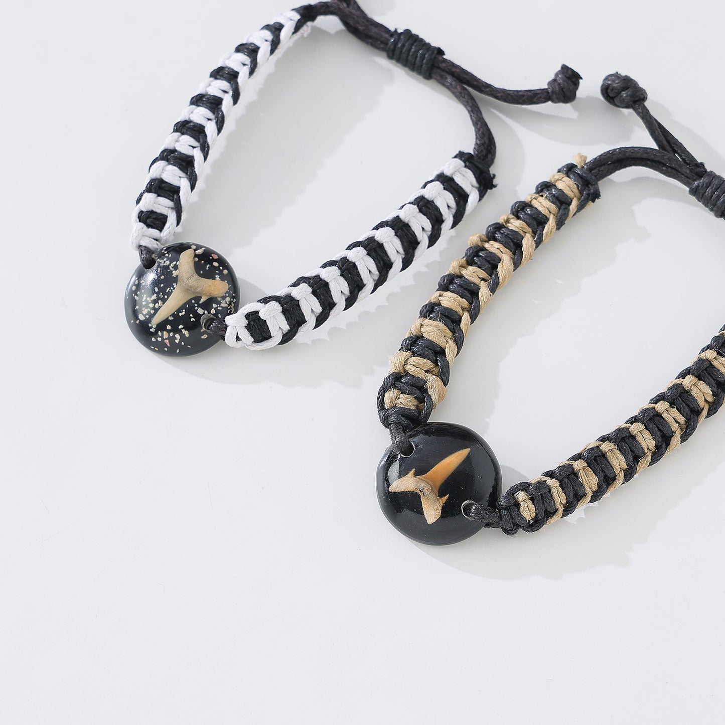 Handmade Macrame Bracelet with Fossilized Shark Tooth & Resin Orb - Boho Coastal Jewelry for Men & Women
