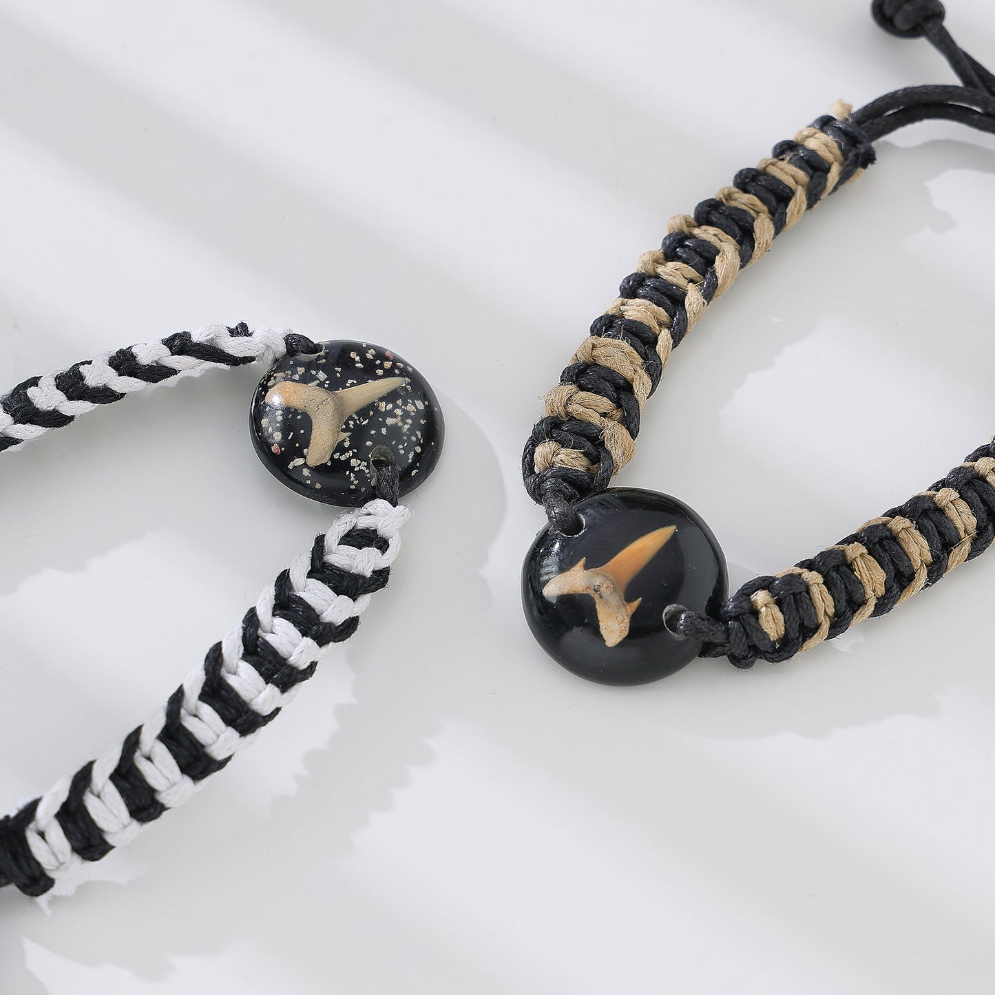 Handmade Macrame Bracelet with Fossilized Shark Tooth & Resin Orb - Boho Coastal Jewelry for Men & Women
