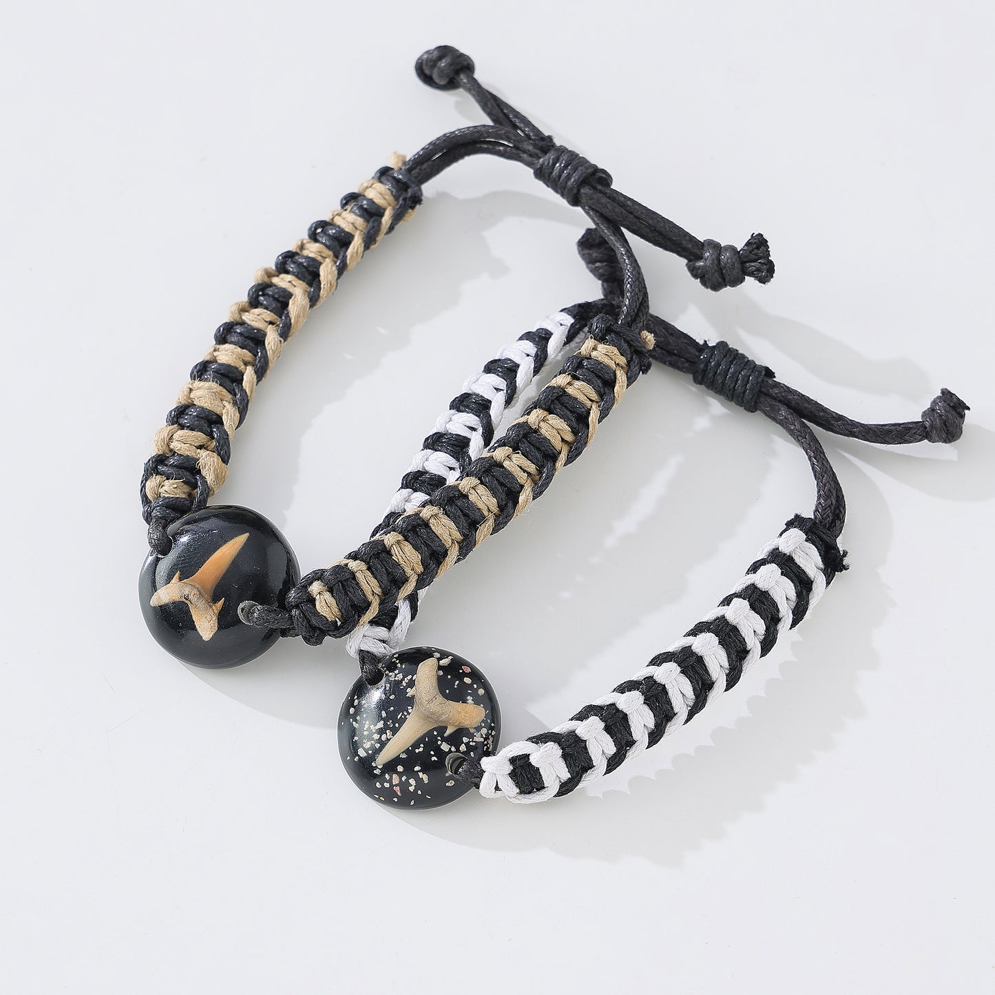 Handmade Macrame Bracelet with Fossilized Shark Tooth & Resin Orb - Boho Coastal Jewelry for Men & Women