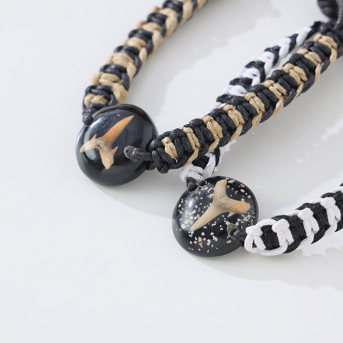 Handmade Macrame Bracelet with Fossilized Shark Tooth & Resin Orb - Boho Coastal Jewelry for Men & Women