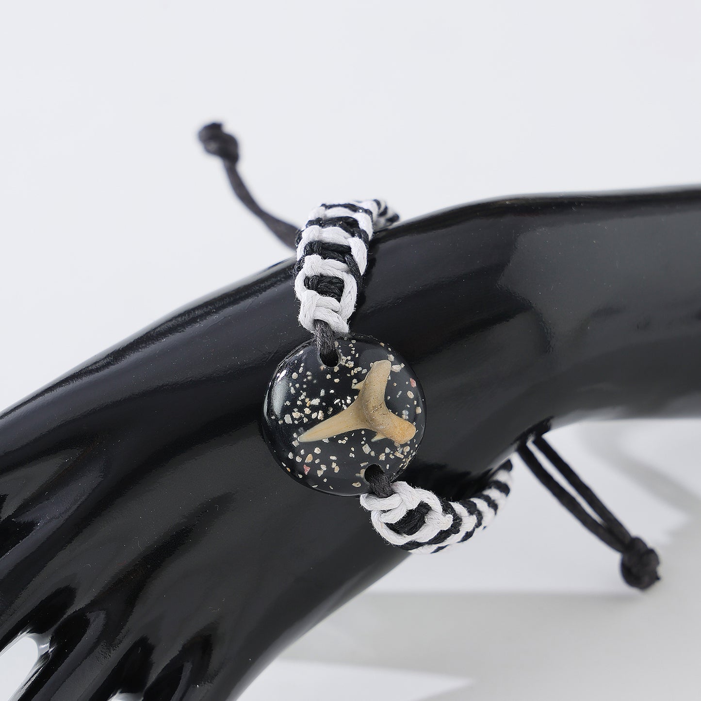 Handmade Macrame Bracelet with Fossilized Shark Tooth & Resin Orb - Boho Coastal Jewelry for Men & Women