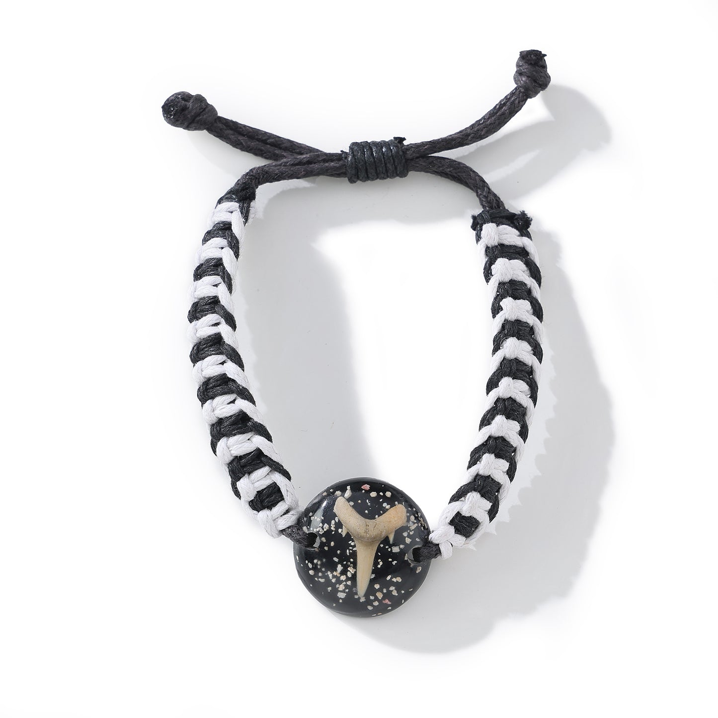 Handmade Macrame Bracelet with Fossilized Shark Tooth & Resin Orb - Boho Coastal Jewelry for Men & Women