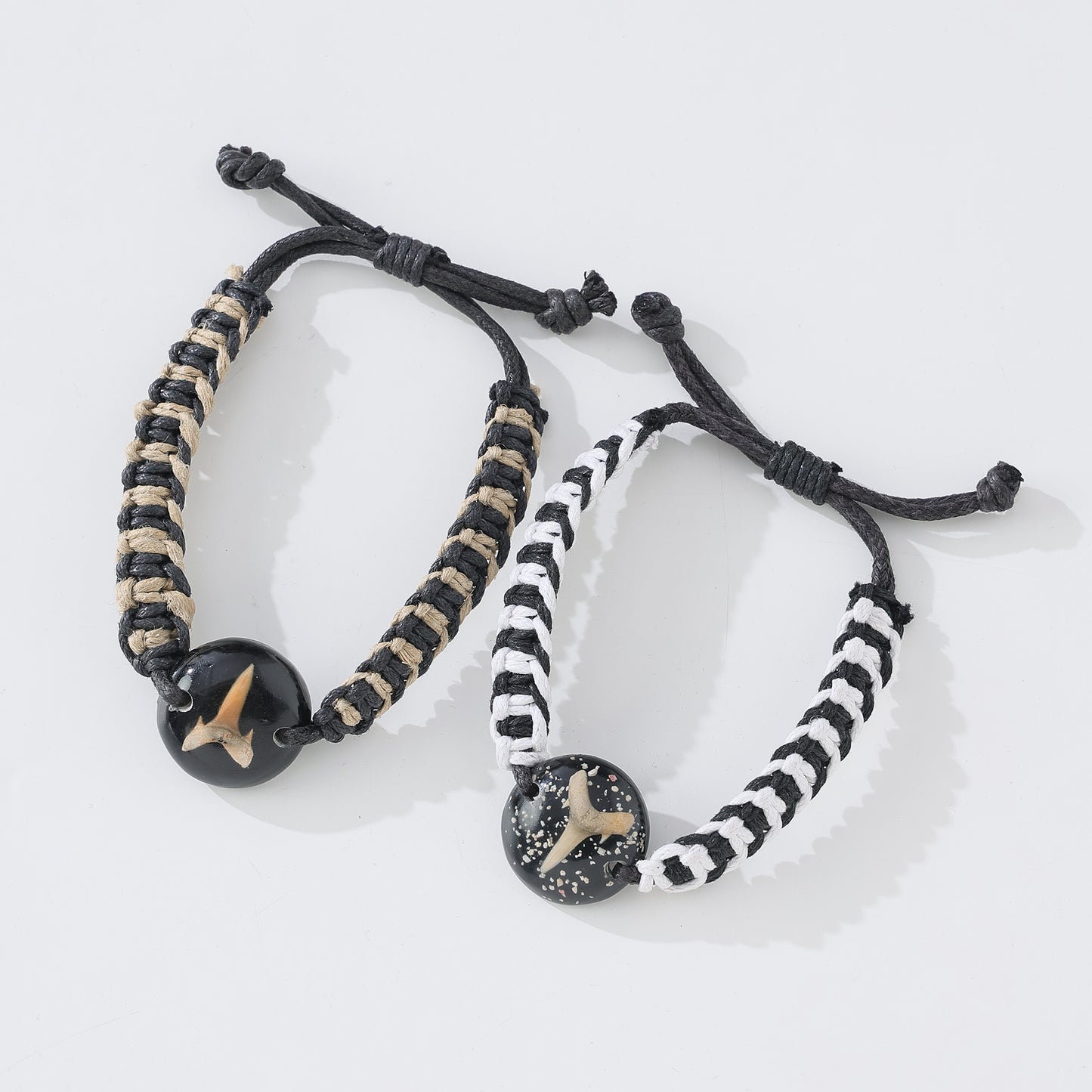 Handmade Macrame Bracelet with Fossilized Shark Tooth & Resin Orb - Boho Coastal Jewelry for Men & Women