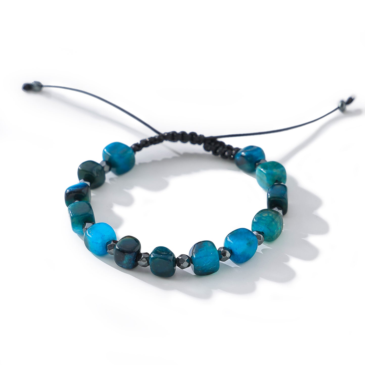 Hand-crafted Blue Agate and Hematite Bead Bracelet for Men and Women, Adjustable Cord, Boho Style Jewelry