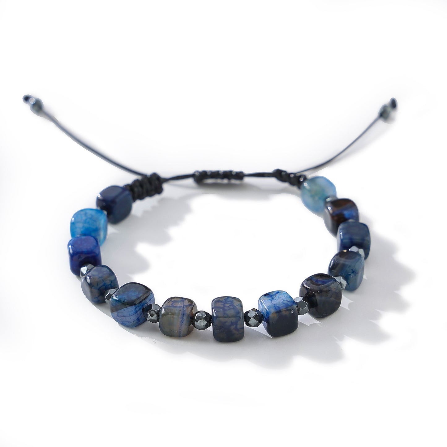 Hand-crafted Blue Agate and Hematite Bead Bracelet for Men and Women, Adjustable Cord, Boho Style Jewelry
