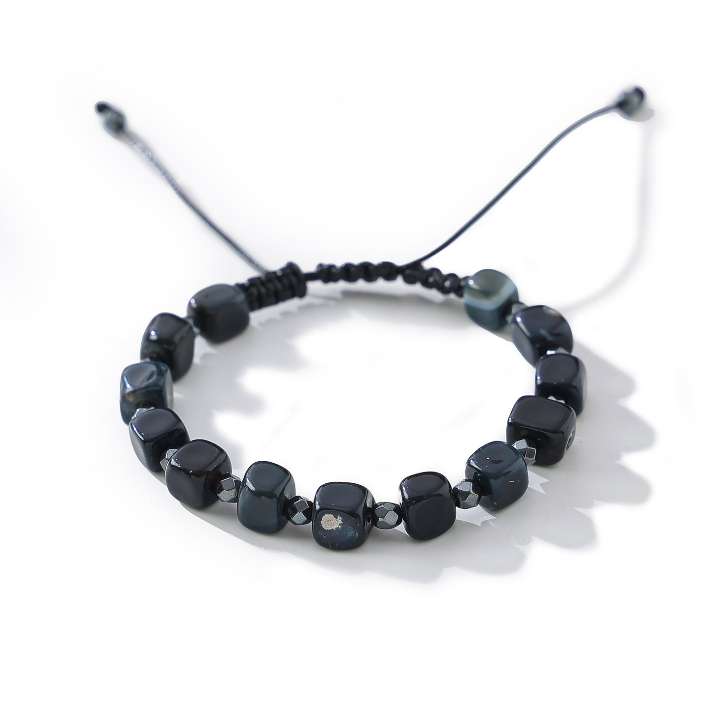 Hand-crafted Blue Agate and Hematite Bead Bracelet for Men and Women, Adjustable Cord, Boho Style Jewelry