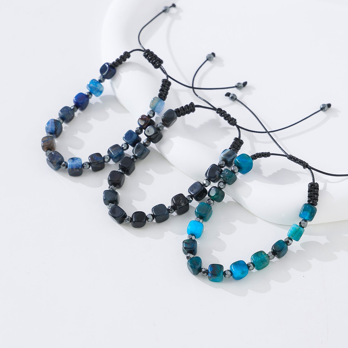 Hand-crafted Blue Agate and Hematite Bead Bracelet for Men and Women, Adjustable Cord, Boho Style Jewelry