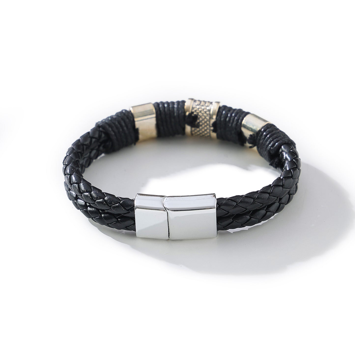 Men's Heavy - Duty Braided Leather Bracelet with Chunky Silvery Clasp, Durable and Stylish Accessory for Casual or Formal Wear
