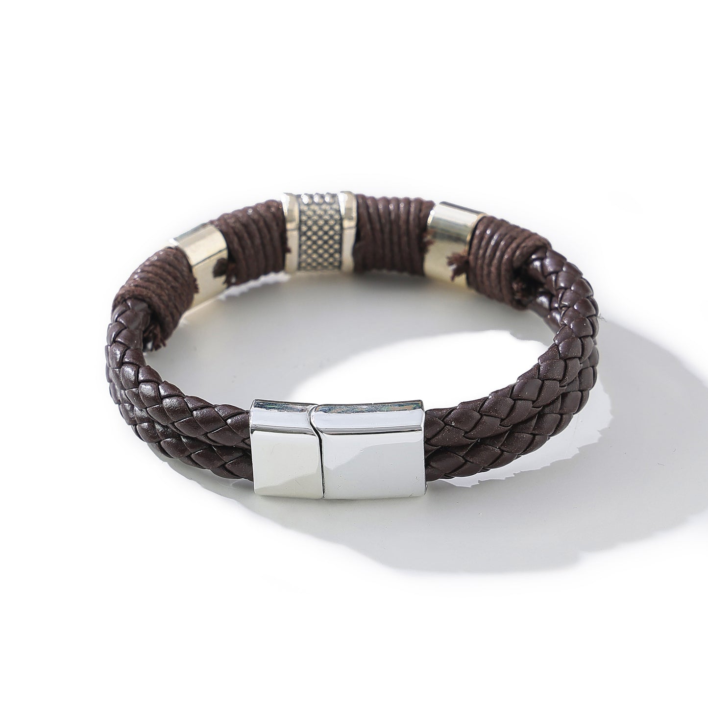 Men's Heavy - Duty Braided Leather Bracelet with Chunky Silvery Clasp, Durable and Stylish Accessory for Casual or Formal Wear