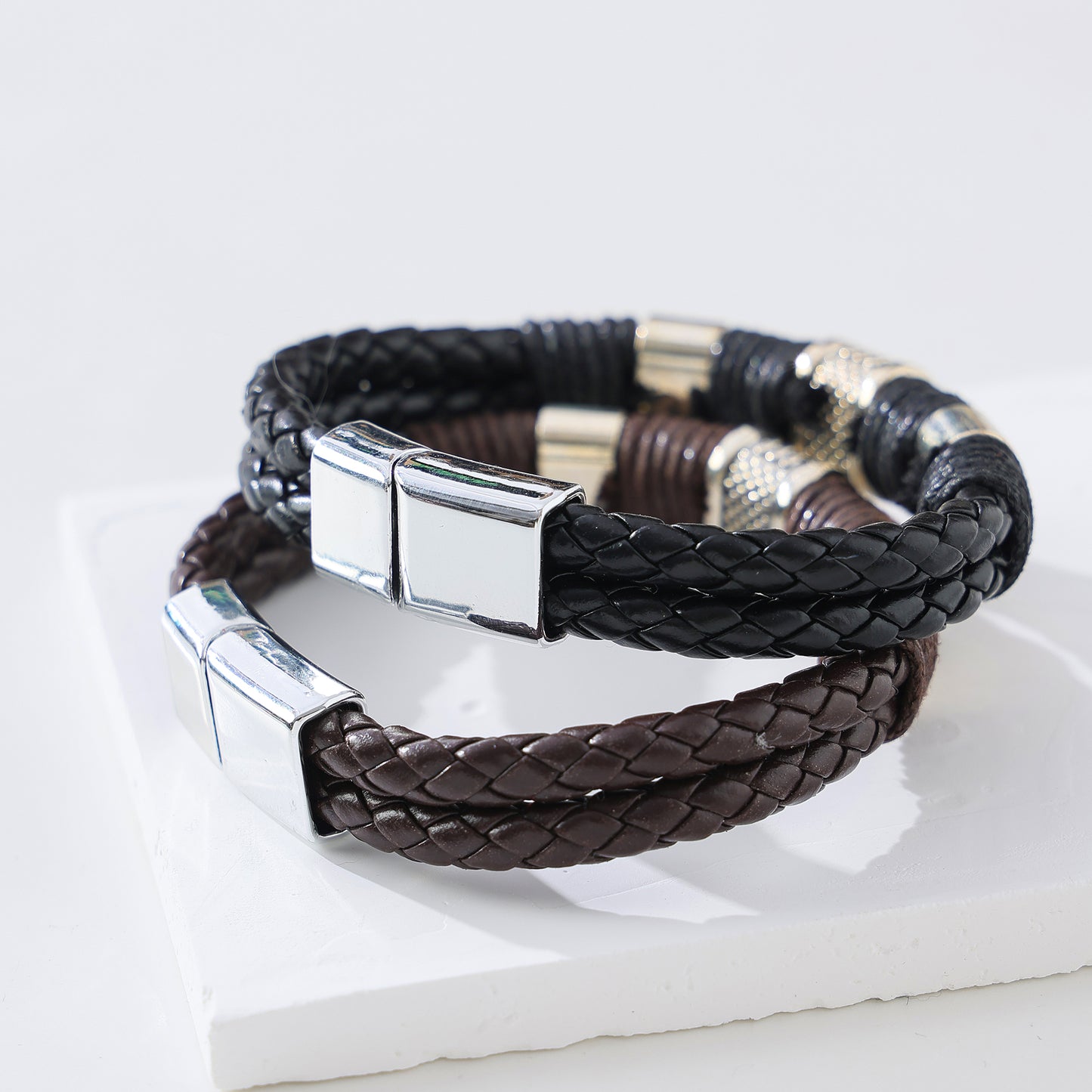 Men's Heavy - Duty Braided Leather Bracelet with Chunky Silvery Clasp, Durable and Stylish Accessory for Casual or Formal Wear