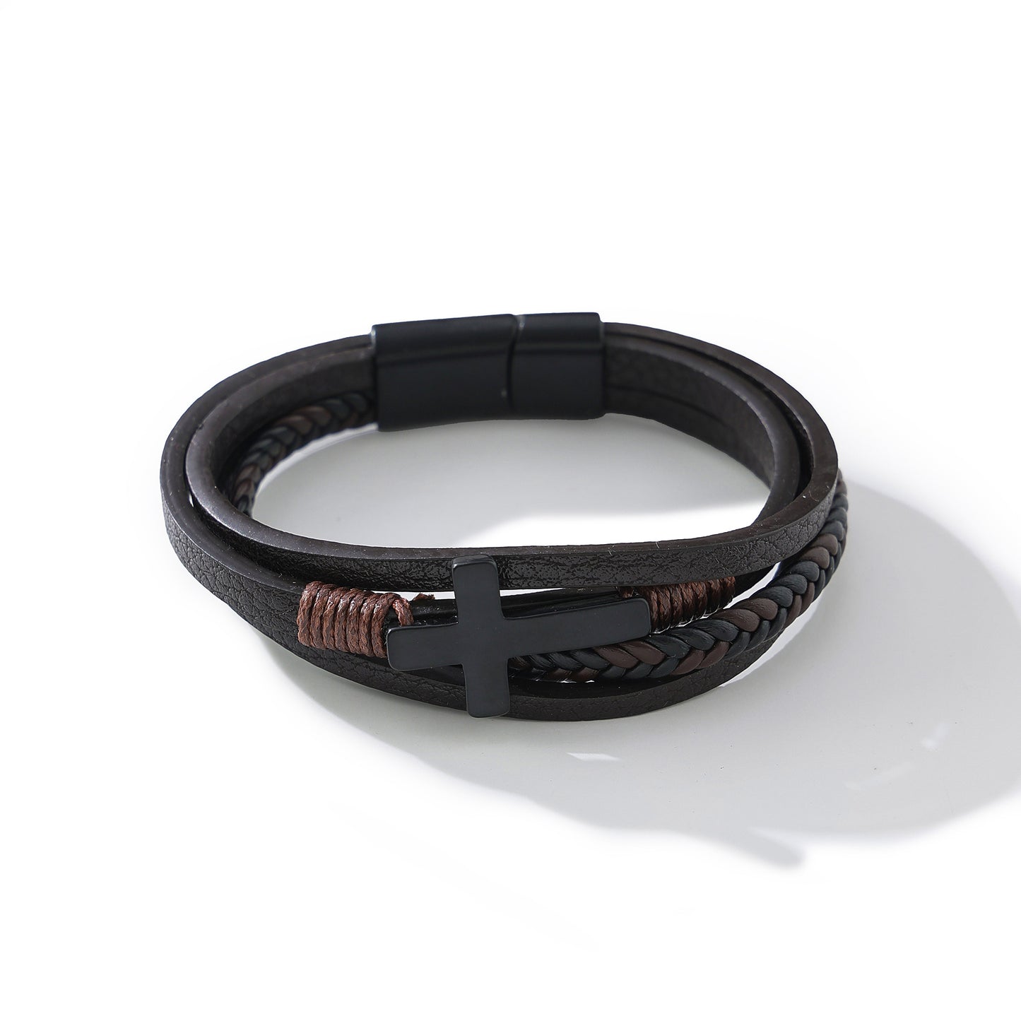 Men's Trendy Assorted Leather Magnetic - Closure Bracelets with Cross Charms, Versatile Jewelry for Casual and Formal Occasions