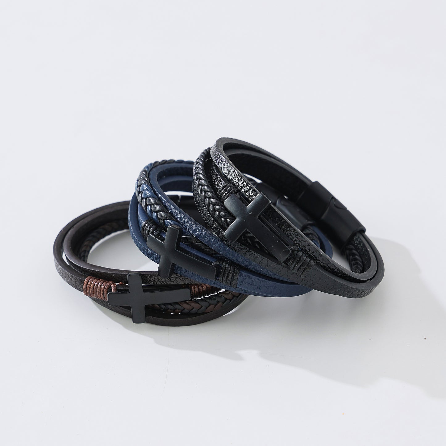 Men's Trendy Assorted Leather Magnetic - Closure Bracelets with Cross Charms, Versatile Jewelry for Casual and Formal Occasions