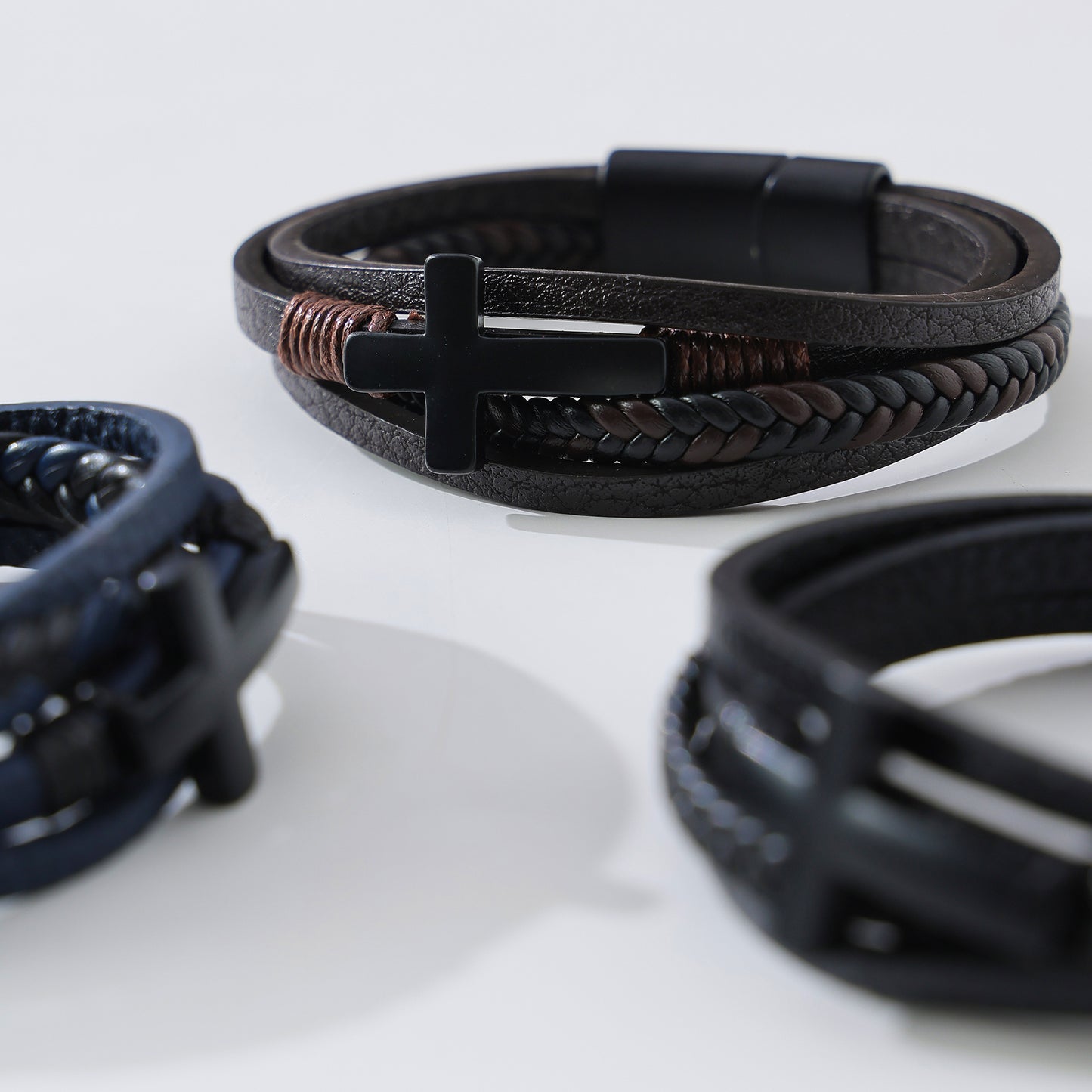 Men's Trendy Assorted Leather Magnetic - Closure Bracelets with Cross Charms, Versatile Jewelry for Casual and Formal Occasions