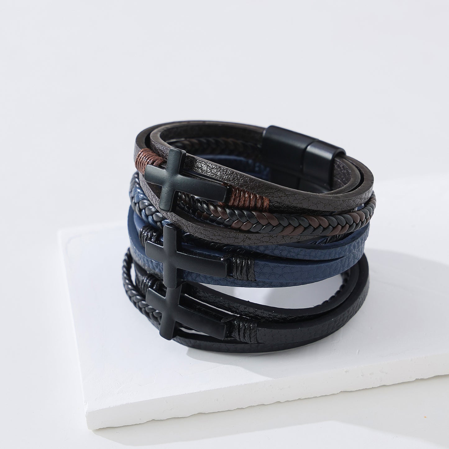 Men's Trendy Assorted Leather Magnetic - Closure Bracelets with Cross Charms, Versatile Jewelry for Casual and Formal Occasions