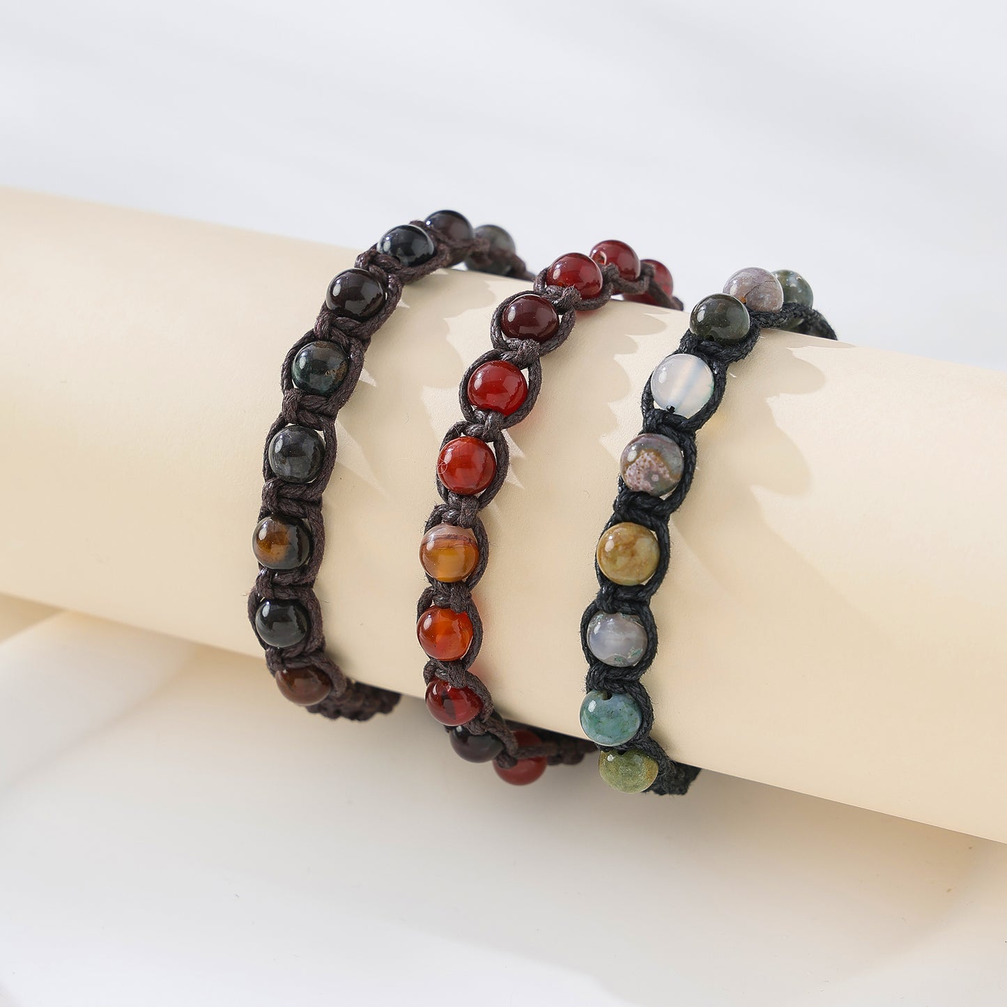 Bohemian - Style Macrame Adjustable Bracelet with Assorted Genuine Natural Stone Round Beads for Women and Men
