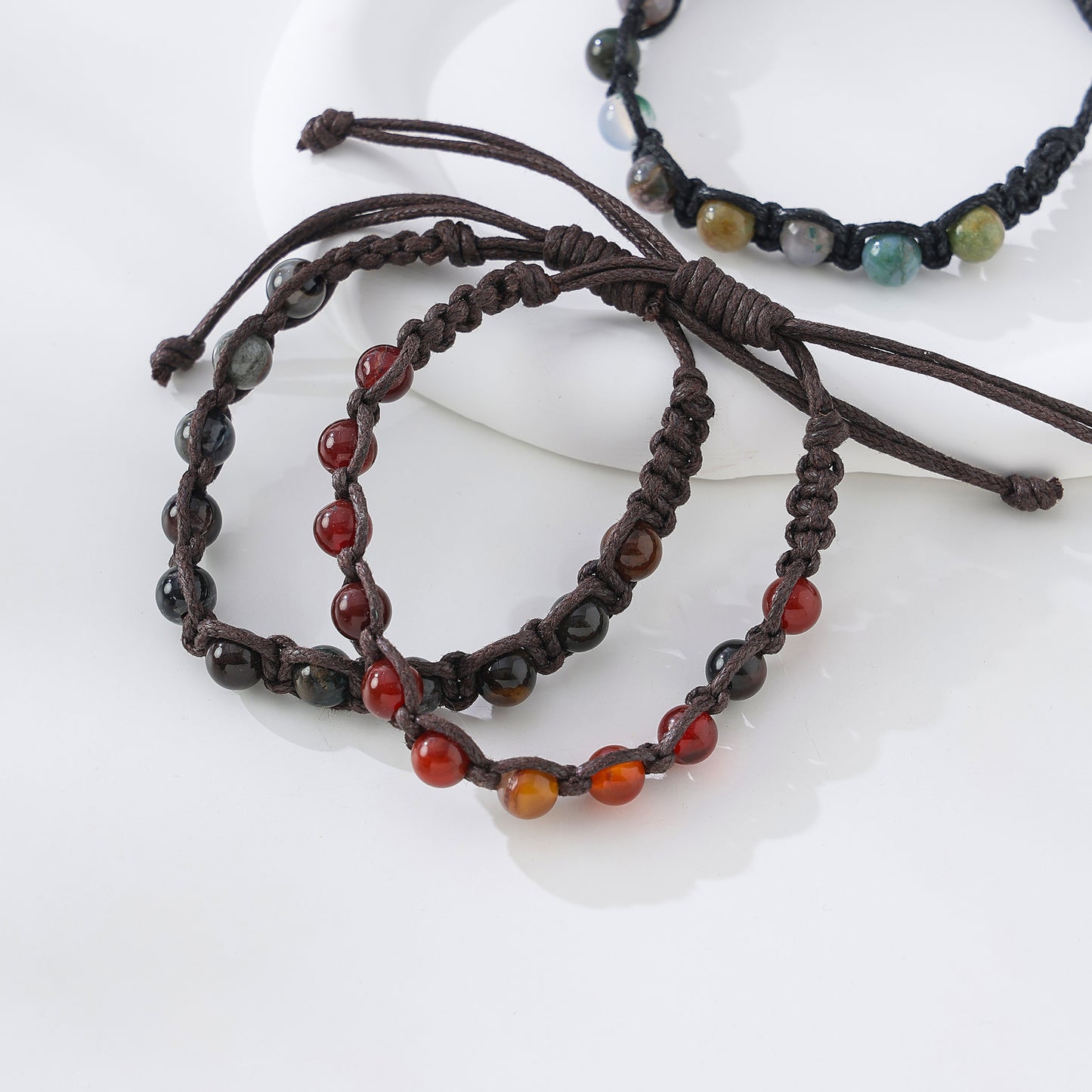 Bohemian - Style Macrame Adjustable Bracelet with Assorted Genuine Natural Stone Round Beads for Women and Men