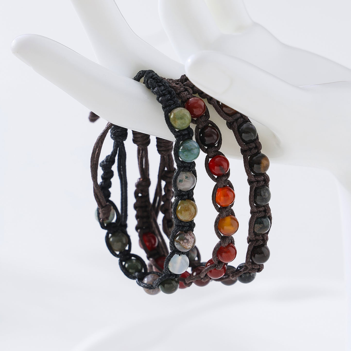 Bohemian - Style Macrame Adjustable Bracelet with Assorted Genuine Natural Stone Round Beads for Women and Men