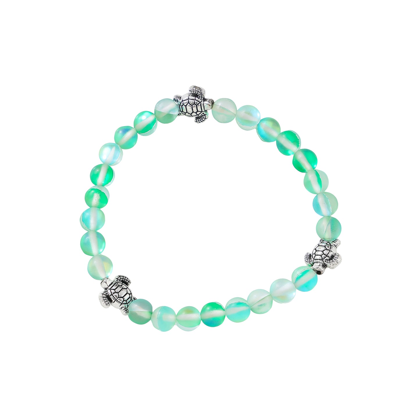 Charming Iridescent Beaded Bracelets with Silvery-Tone Turtle Charms for Women and Teens