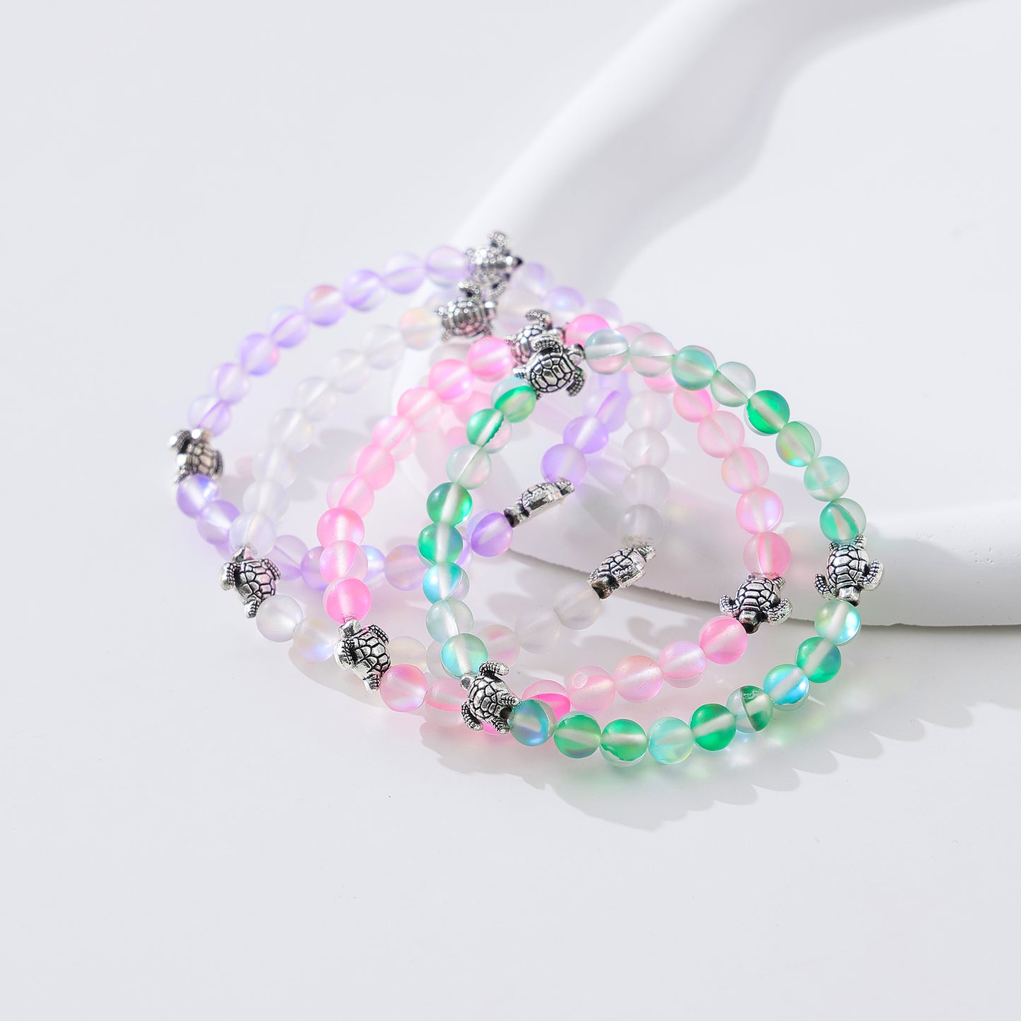 Charming Iridescent Beaded Bracelets with Silvery-Tone Turtle Charms for Women and Teens