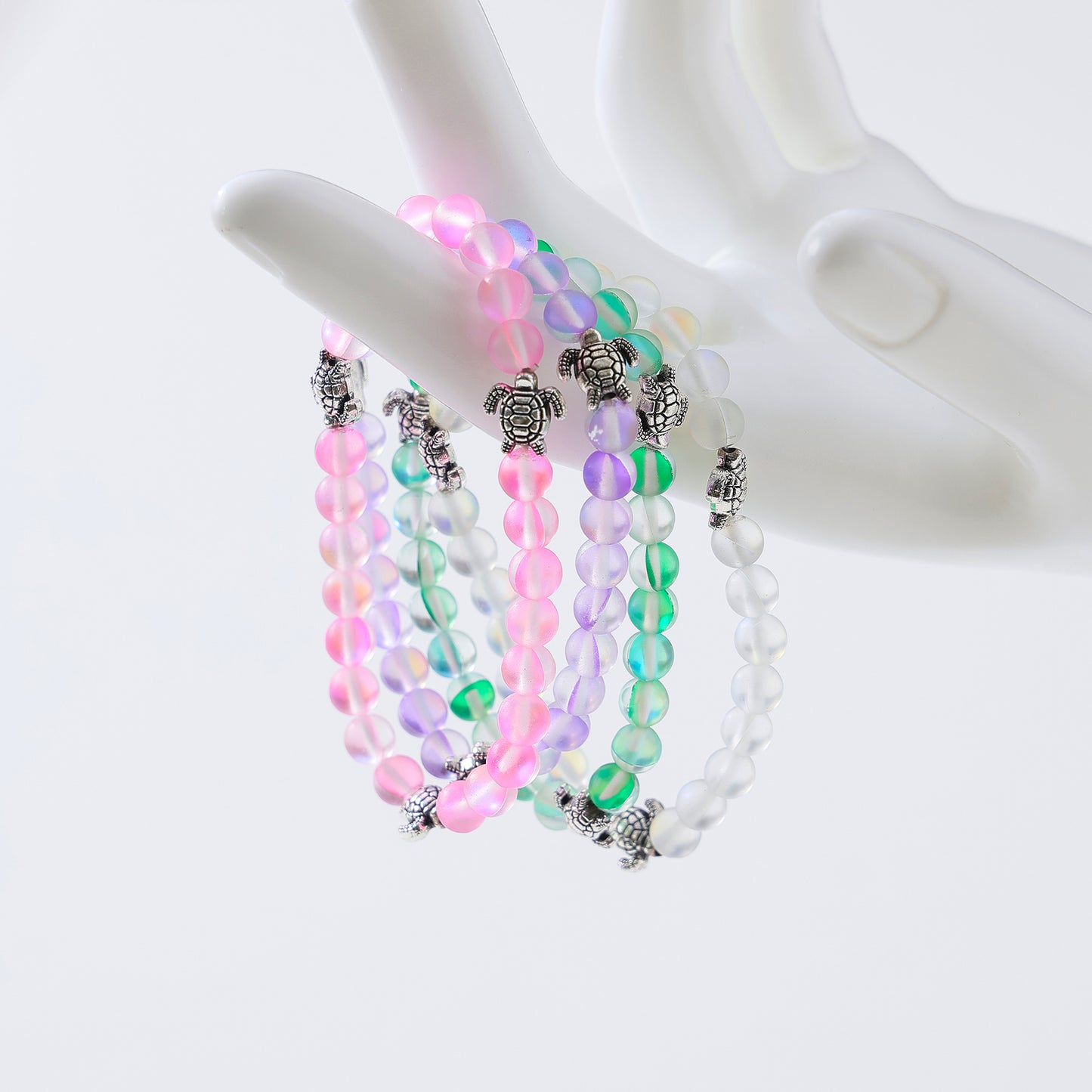 Charming Iridescent Beaded Bracelets with Silvery-Tone Turtle Charms for Women and Teens