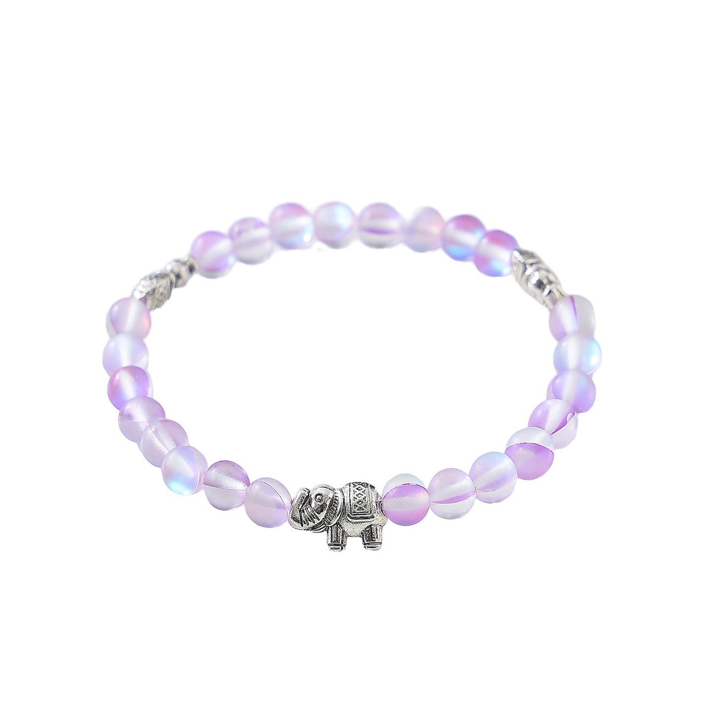 Stylish Assorted Iridescent Beaded Bracelets with Silvery Elephant Charms - Elastic Stretch Design for Women & Teens, Boho & Gift - Ready Jewelry